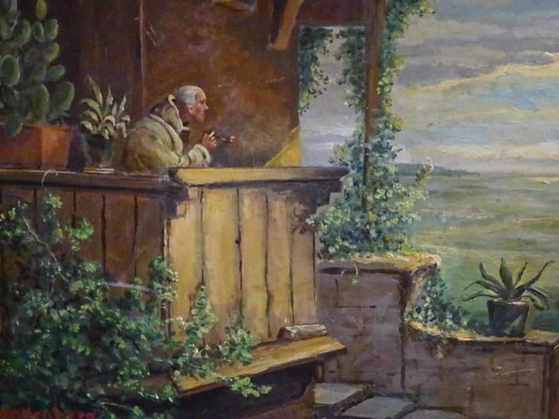 H. Brandenberg, Ölgemälde auf Platte "in die ferne schauender, Pfeife rauchender Mann" inn - Bild 2 aus 3