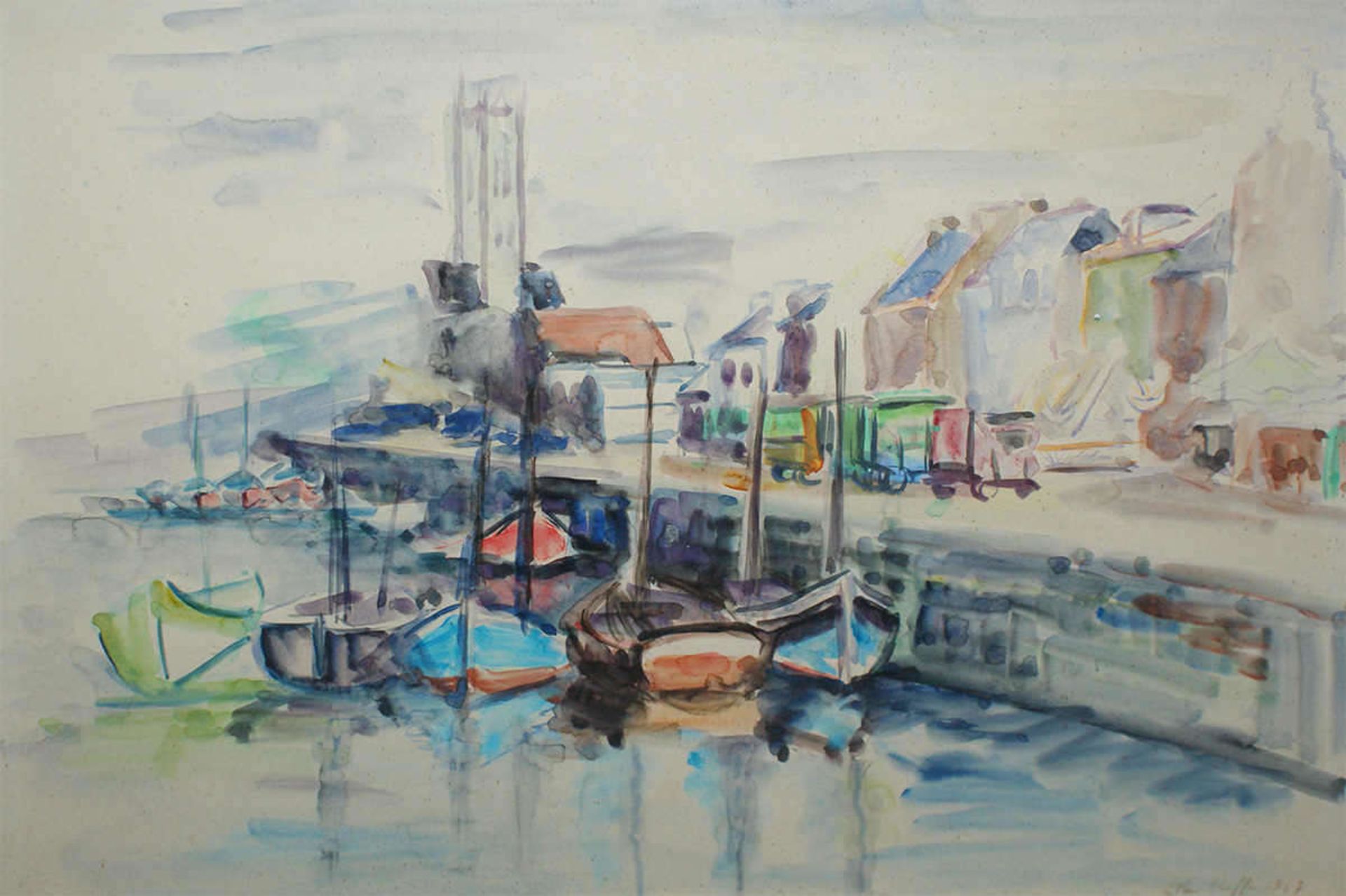 Ellen Kuffer, Aquarell auf Papier "Am Hafen", rechts unten Signatur Ellen Kuffer 1947, hinter Glas - Bild 3 aus 3