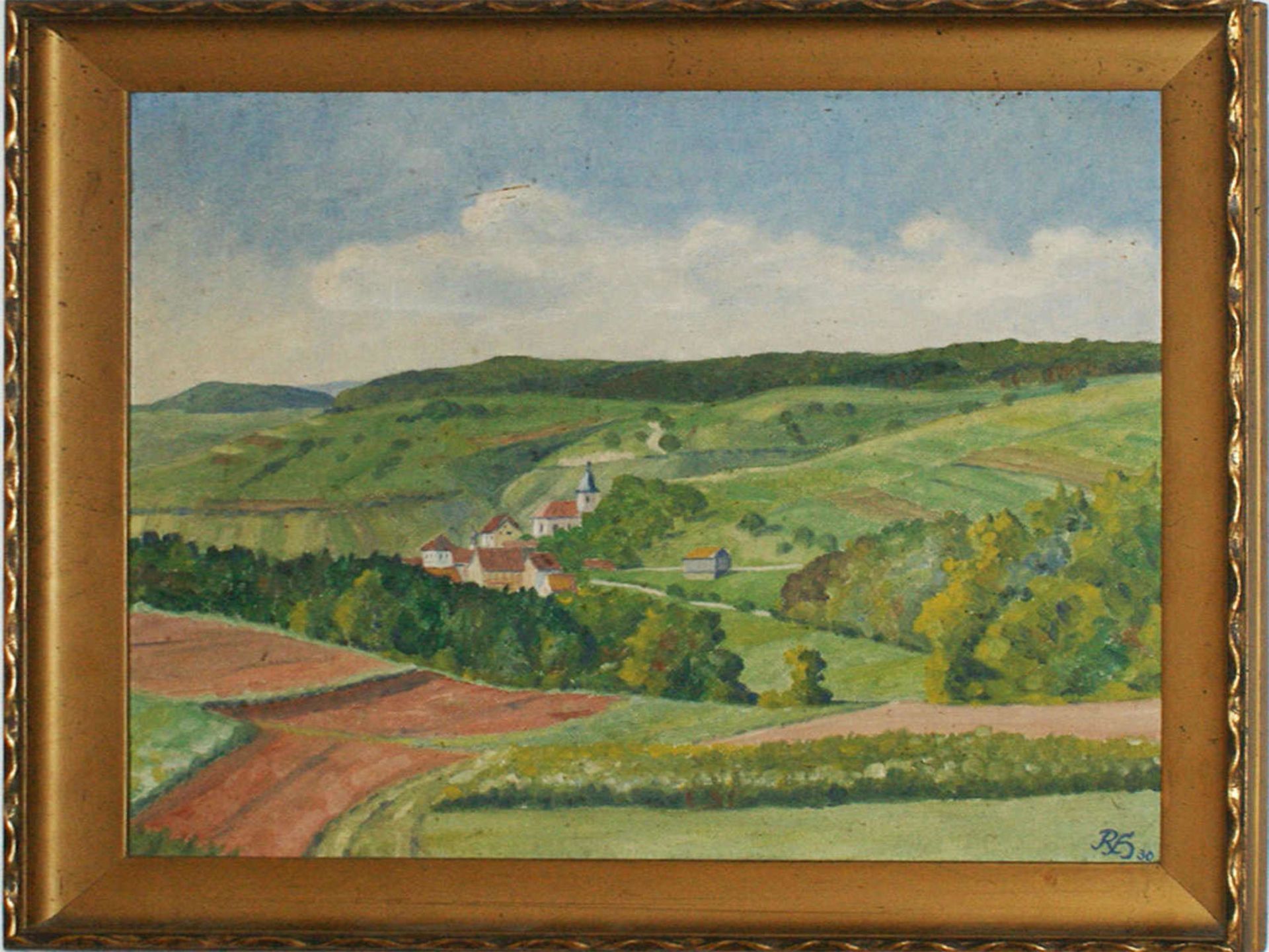 Monogrammist R.H.,, Ölgemälde auf Malkarton "Herbstlandschaft mit kleinem Dorf", rechts unten