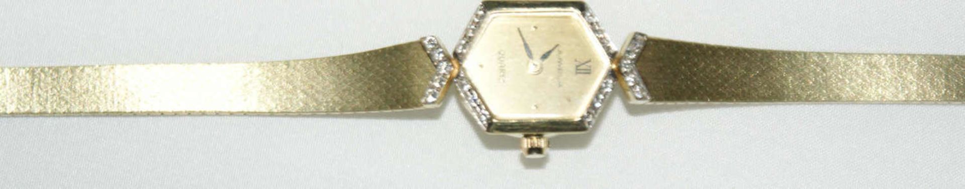 Damenarmbanduhr, 585er Gelbgold, Hersteller: Juwela, Quarzwerk, besetzt mit zahlreichen - Image 2 of 3