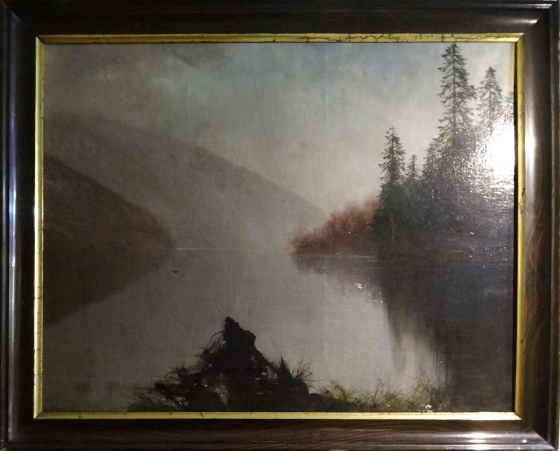 Ölgemälde auf Leinwand, unbekannter Künstler "Seelandschaft im Herbstwald", feiner Malstil,