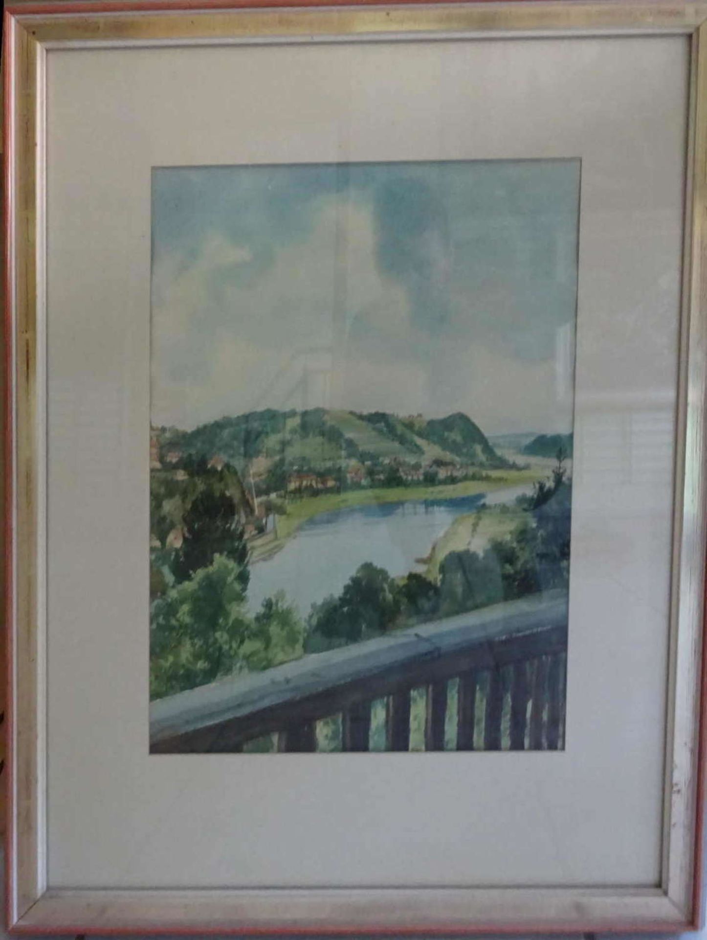 Aquarell auf Papier "Blick vom Balkon auf Flußlauf", Bild rechts unten signiert. Blattmaße: 34x45,