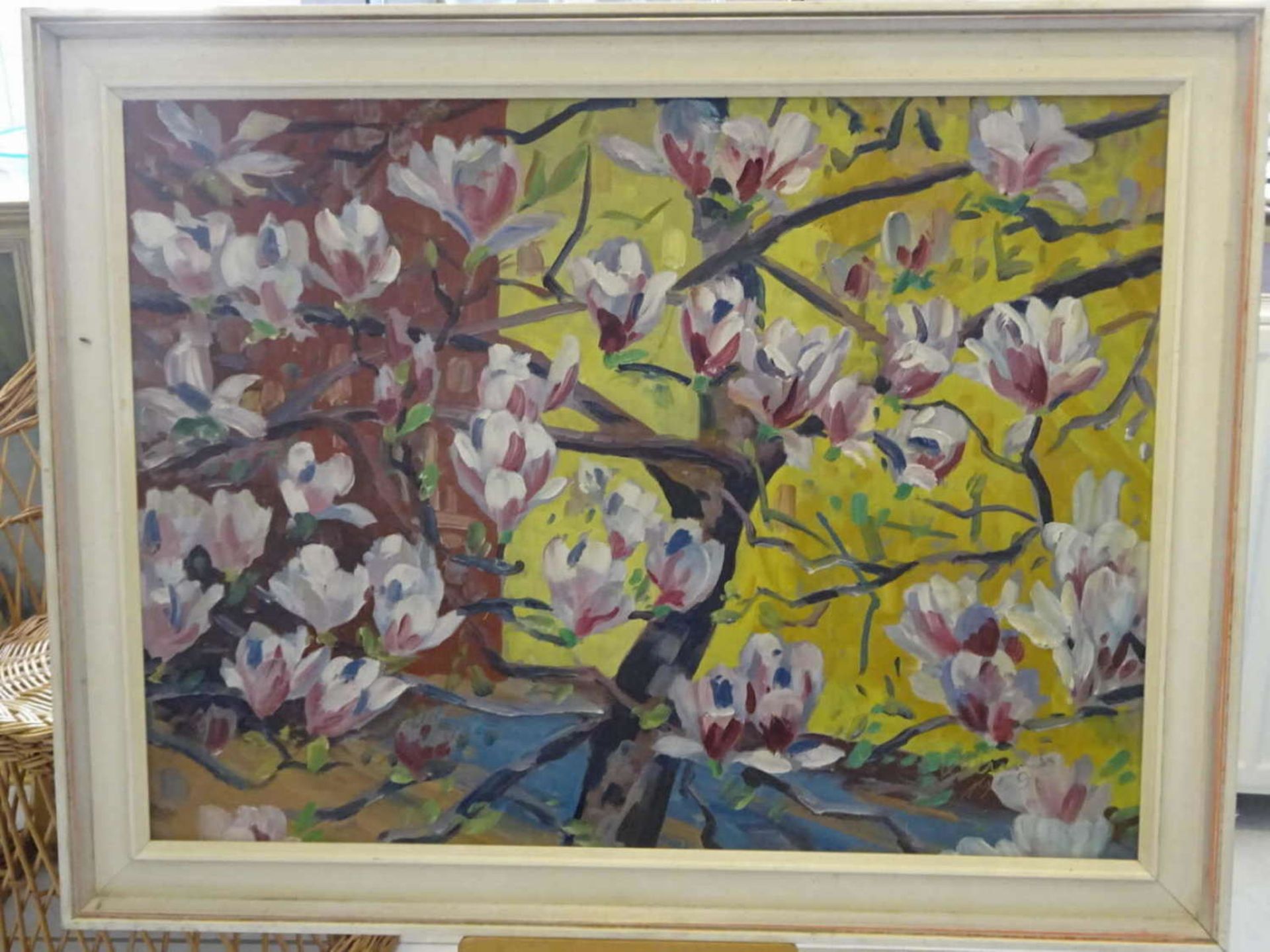 Ludwig Fellner (1917-2006) Ölgemälde auf Platte "Magnolienblüte" rechts unten Signatur, Fellner