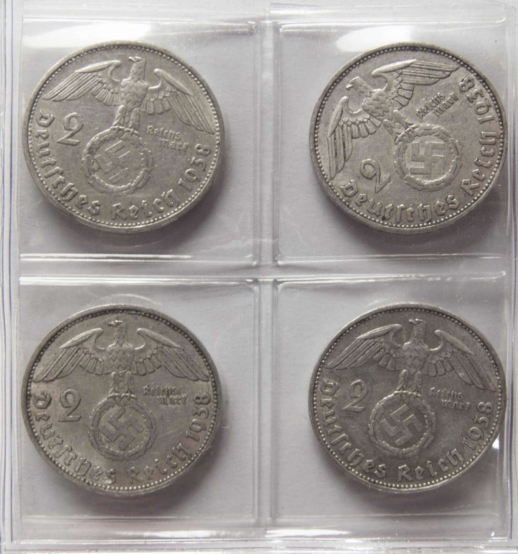 Deutsches Reich 1938, 4 x 2.- Mark - Silbermünzen "Hindenburg", Prägestätten G, A, B, J. Jäger: 366. - Bild 2 aus 2