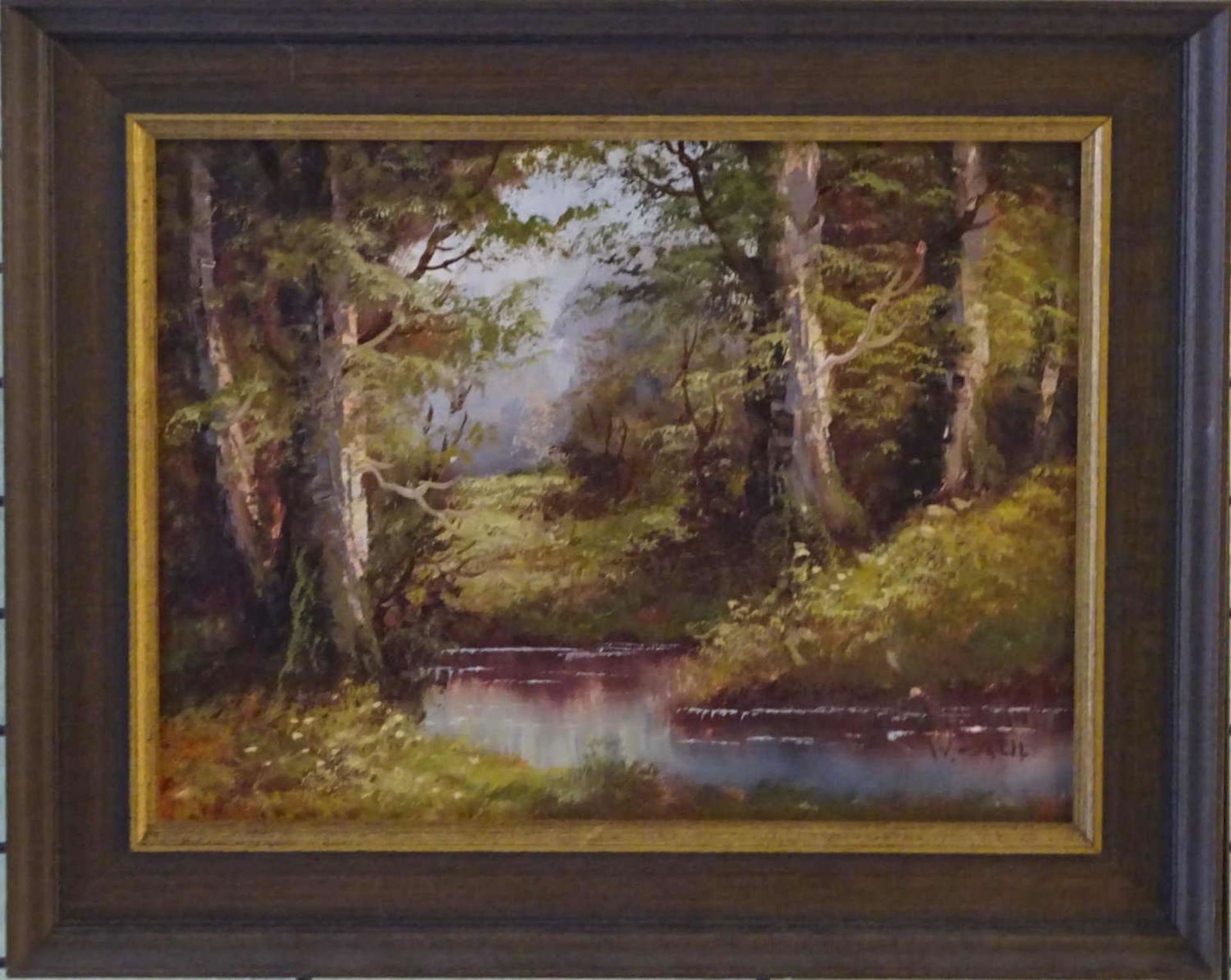 W. Paul, Ölgemälde auf Leinwand, "Herbstwald mit Bachlauf". Rechts unten Signatur W.Paul. Maße