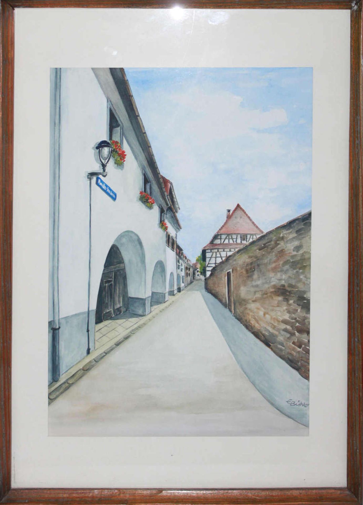 E. Bühler , Aquarell auf Papier hinter Glas gerahmt, "Altstadtwinkel in Durlach", rechts unten