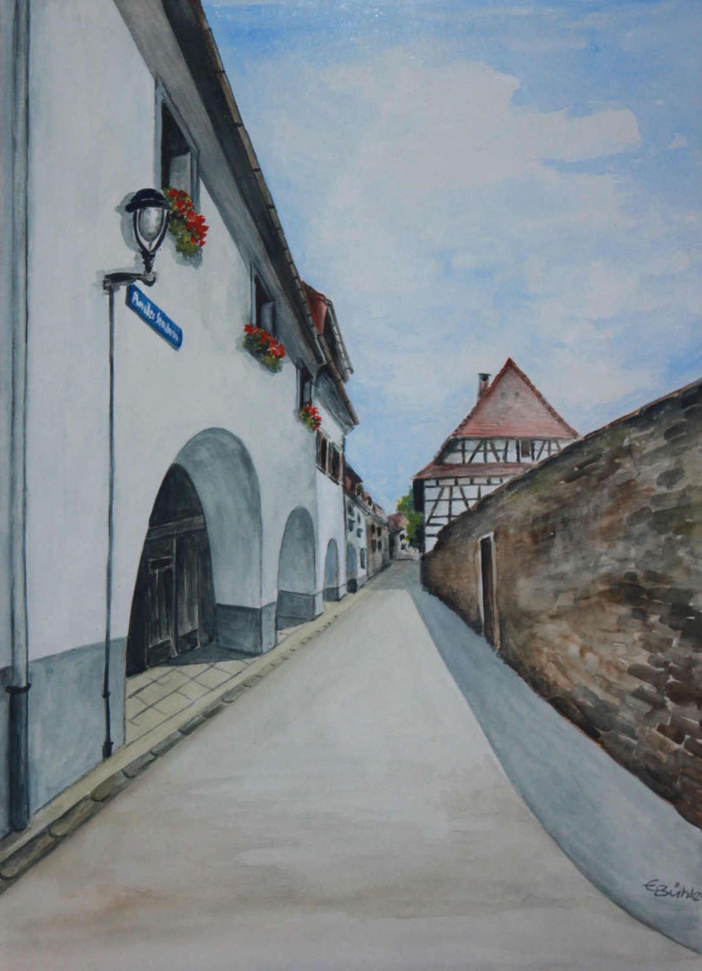E. Bühler , Aquarell auf Papier hinter Glas gerahmt, "Altstadtwinkel in Durlach", rechts unten - Bild 3 aus 3