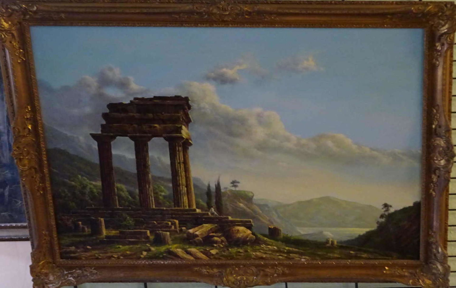 unbekannter Künstler, Ölgemälde auf Leinwand "griechische Tempelruinen mit Schafhirte", im