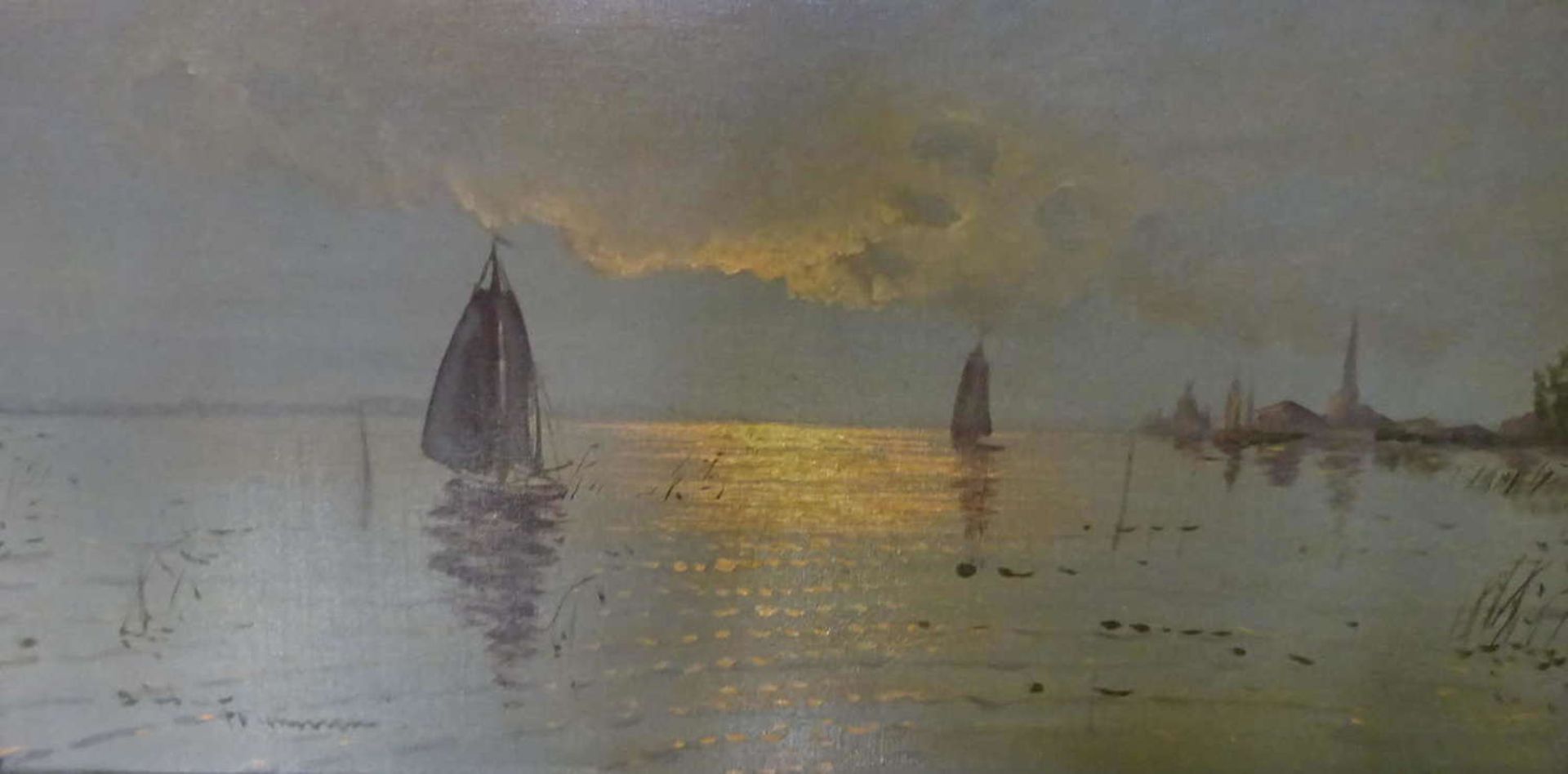 Panorama Ölgemälde "Segelschiffe in der Abendsonne", links unten undeutliche Signatur. Maße höhe ca. - Bild 2 aus 3