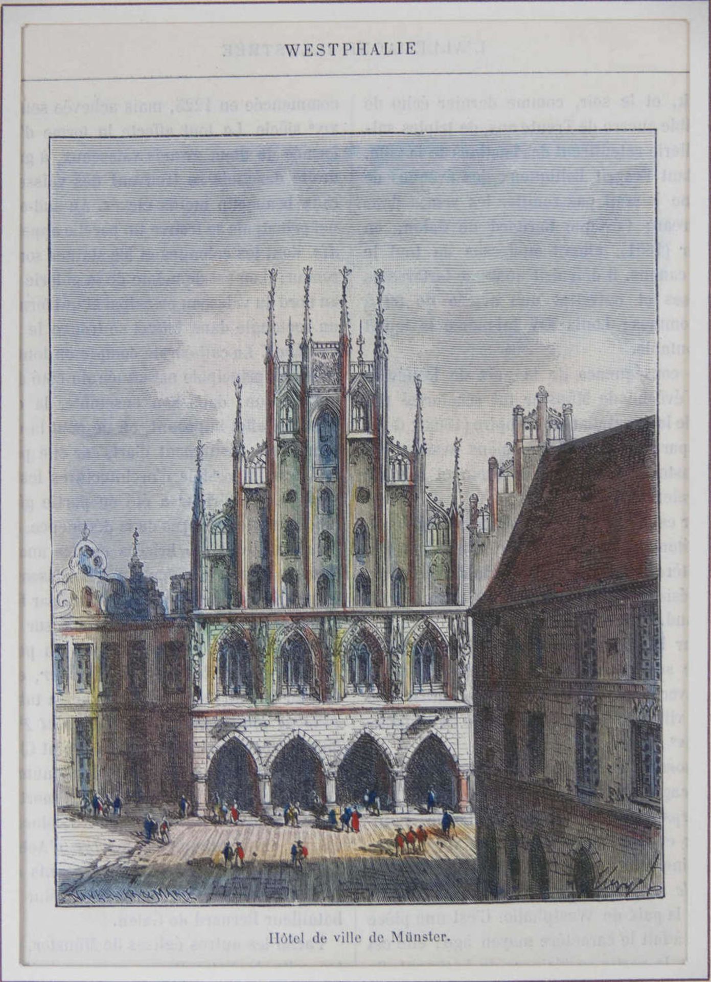 Vier Holz - Schnitte von Gebäuden in Münster / Westf.. Handcoloriert. U.a. mit dem Rathaus des