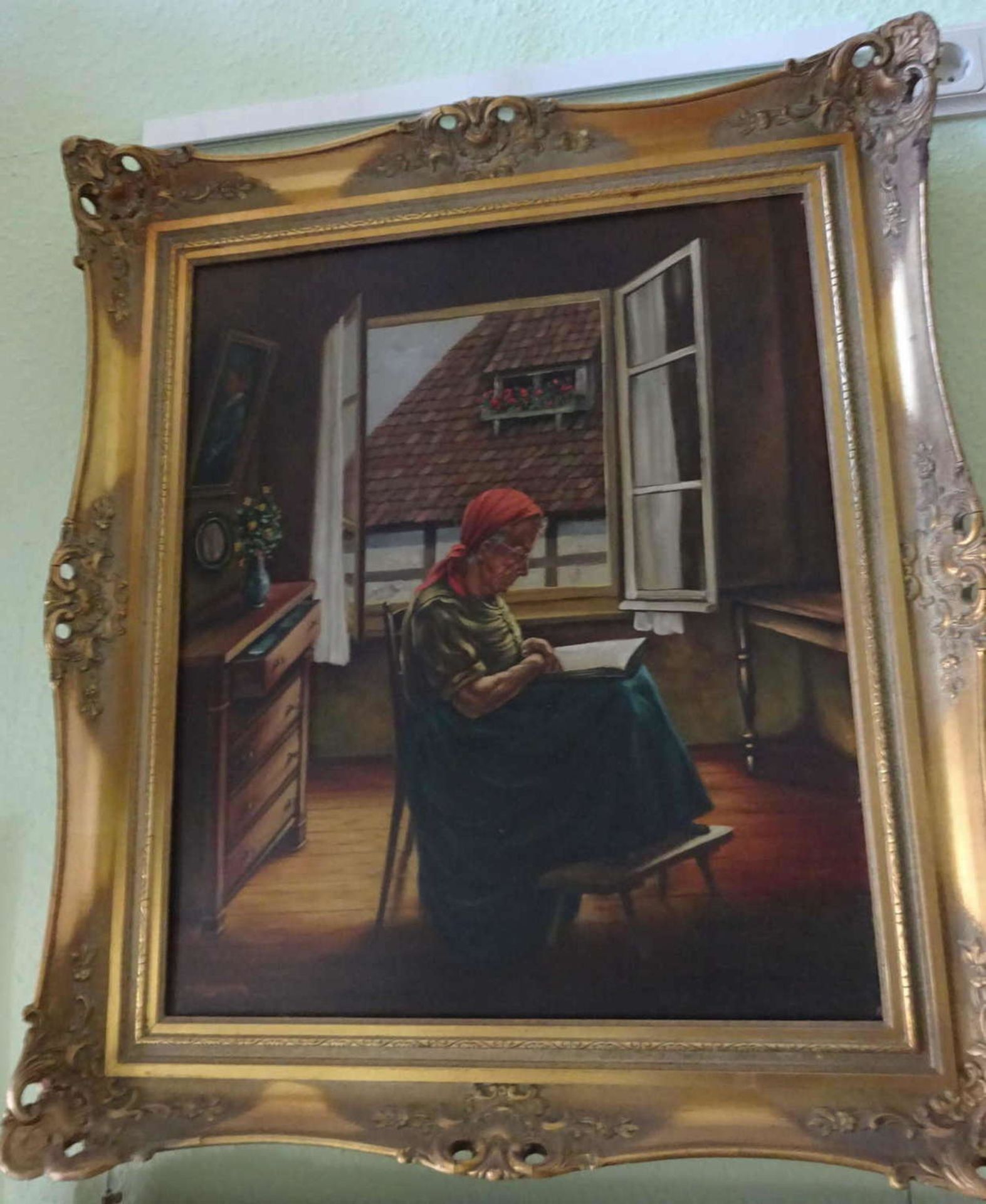 V. Dlugosch, Ölgemälde "ältere Dame beim Lesen" in Goldstuckrahmen. Links unten Signatur, V.