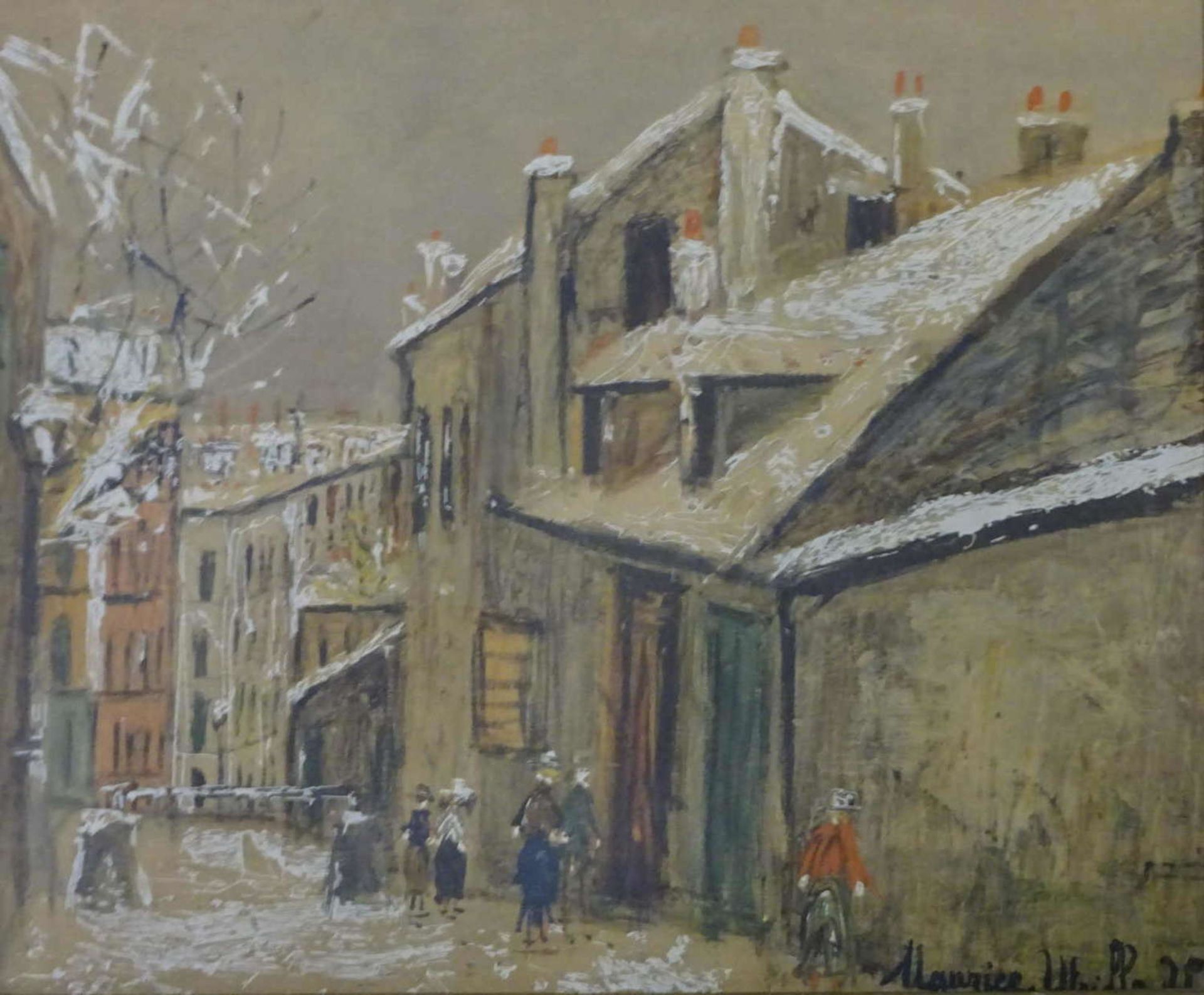 schöner Druck, wohl Maurice Utrillo? "Verschneite Dorfstraße" im Stuck Rahmen, dieser teilweise - Bild 2 aus 3