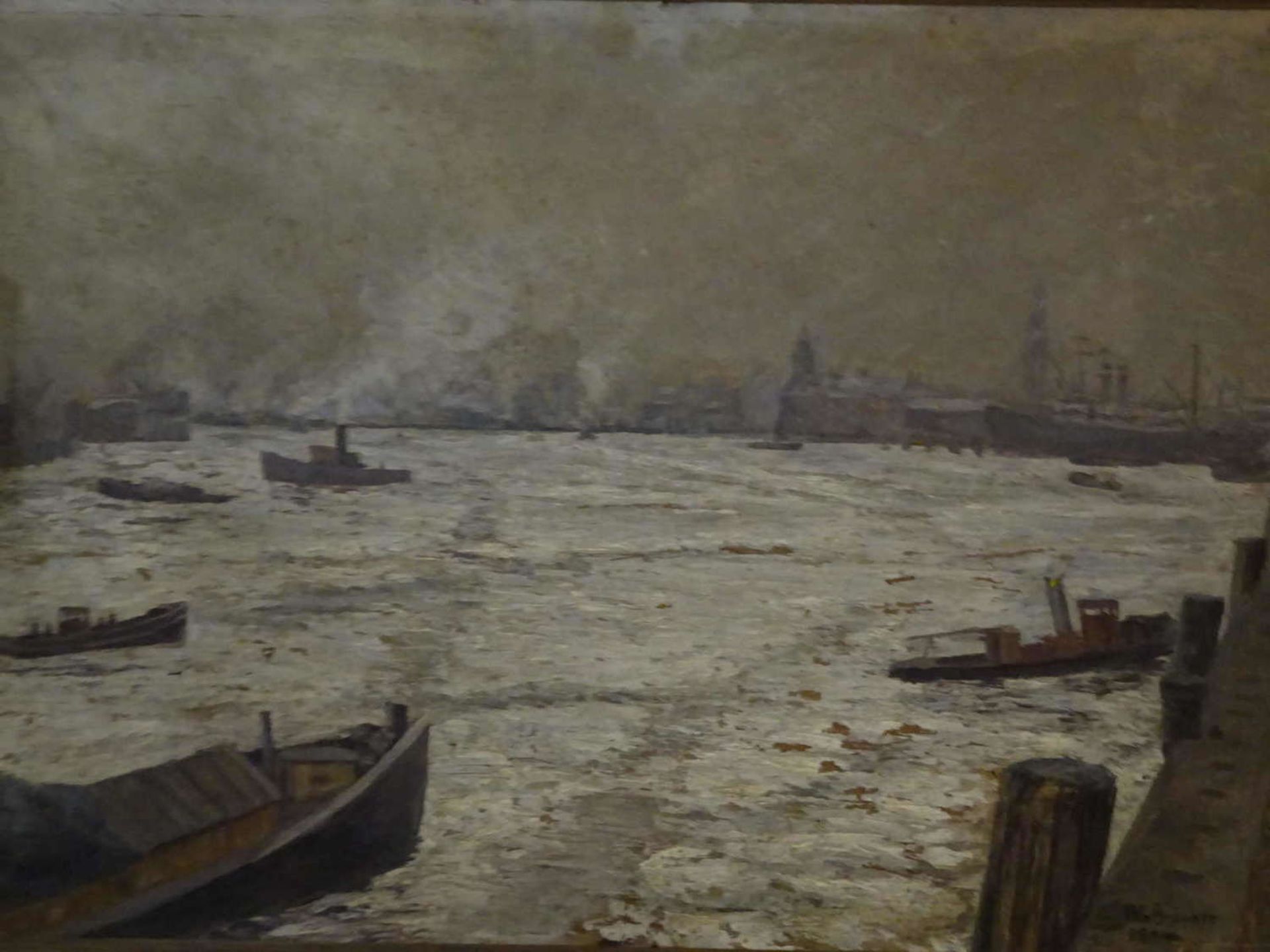 W. von Bräuner, Ölgemälde auf Malkarton "Hamburger Hafen im Winter", rechts unten Signatur W.v. - Bild 2 aus 3