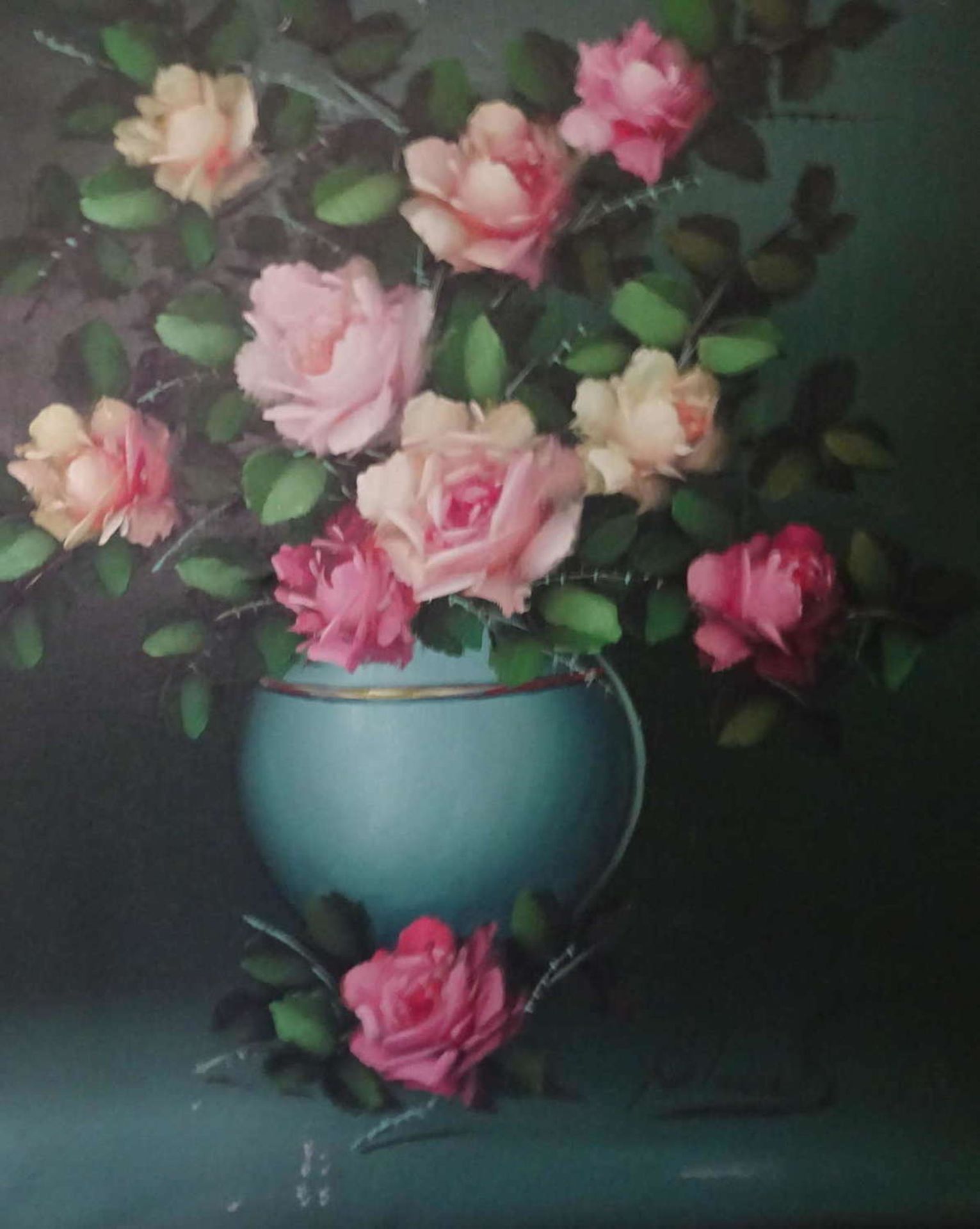 Blaue S, Gemälde "Rosen Bouquet", rechts unten Signatur, Blaue S. Maße höhe ca. 67 cm breite ca. - Bild 2 aus 3