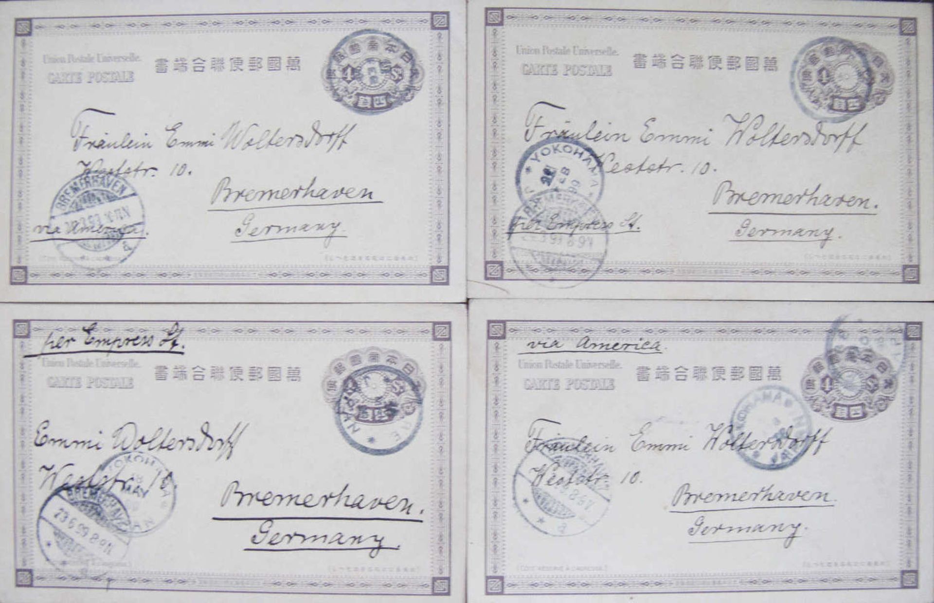 Fünf Japan -Postkarten, 1899, Destination: Bremerhaven. Sehr guter Zustand.Five Japan Postcards,