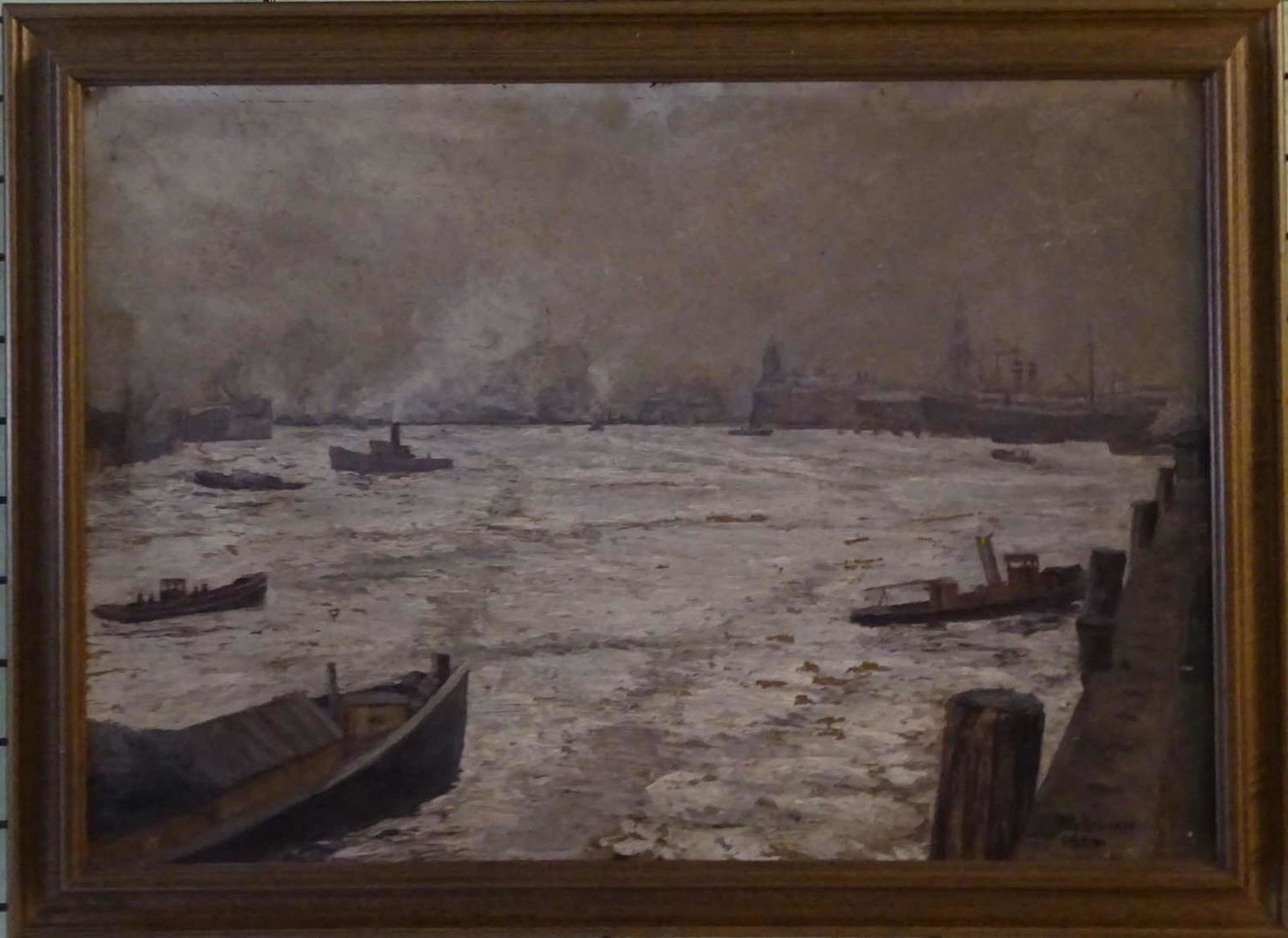 W. von Bräuner, Ölgemälde auf Malkarton "Hamburger Hafen im Winter", rechts unten Signatur W.v.