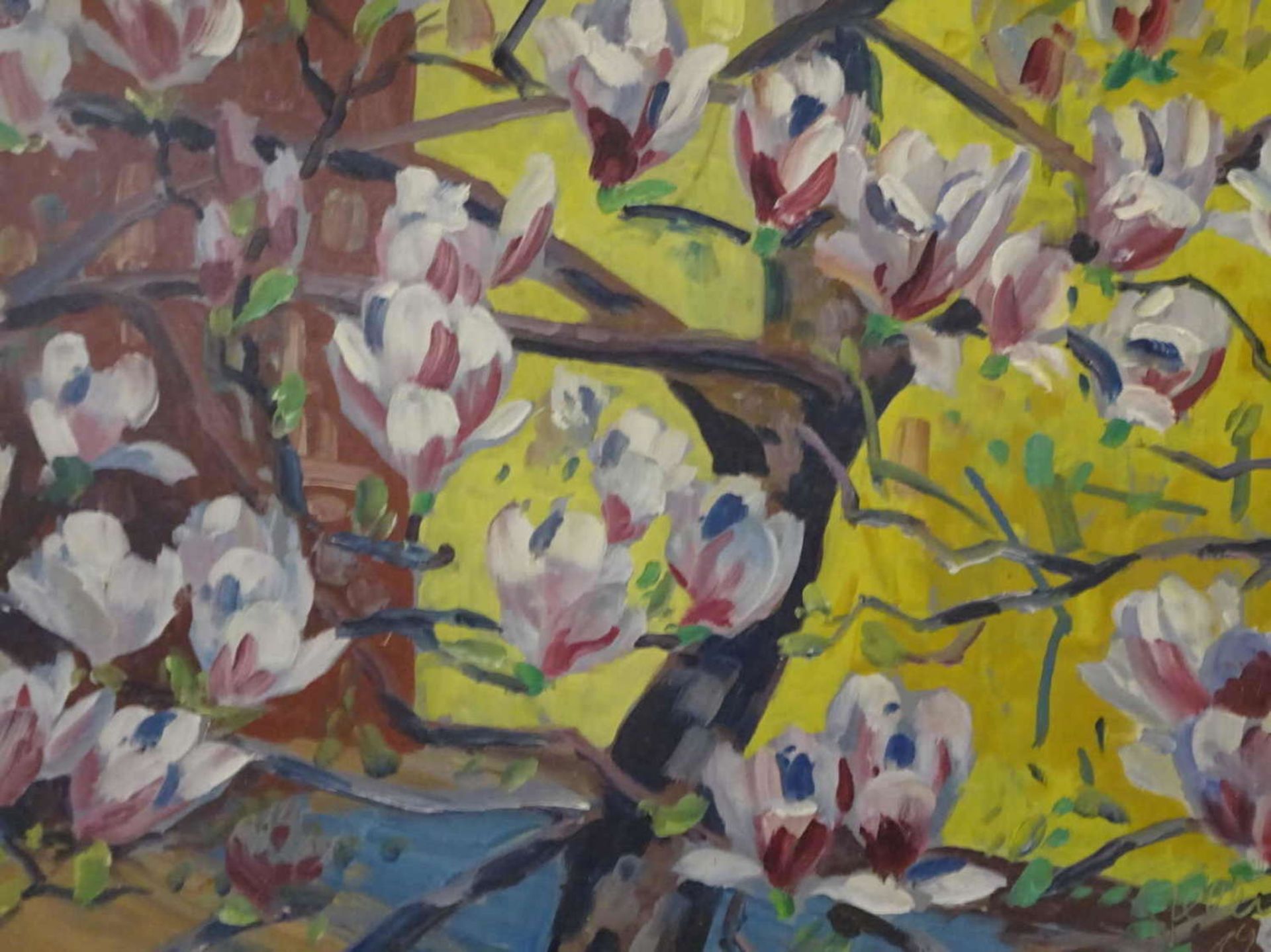 Ludwig Fellner (1917-2006) Ölgemälde auf Platte "Magnolienblüte" rechts unten Signatur, Fellner - Bild 2 aus 3