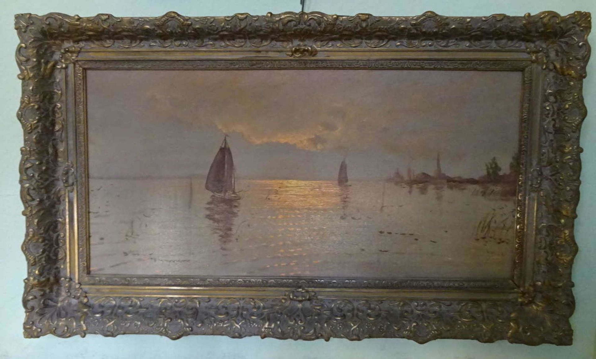 Panorama Ölgemälde "Segelschiffe in der Abendsonne", links unten undeutliche Signatur. Maße höhe ca.
