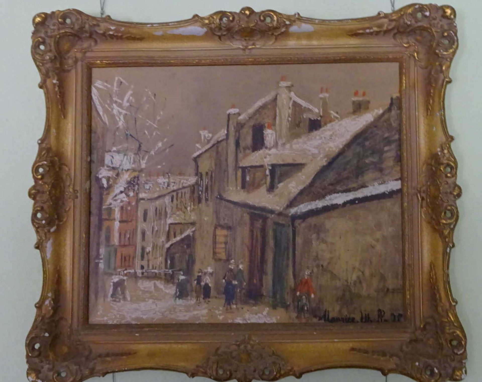 schöner Druck, wohl Maurice Utrillo? "Verschneite Dorfstraße" im Stuck Rahmen, dieser teilweise