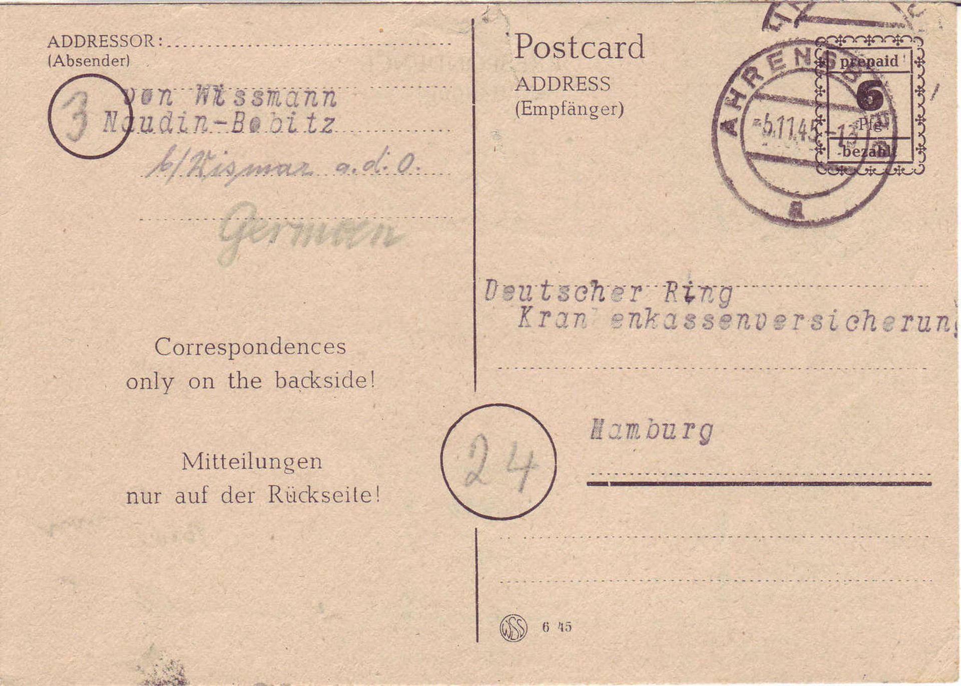 SBZ Mecklenburg - Vorpommern 1945, Mi. - Nr. P 897 II. Gelaufen von Ahrensberg nach Hamburg. O.