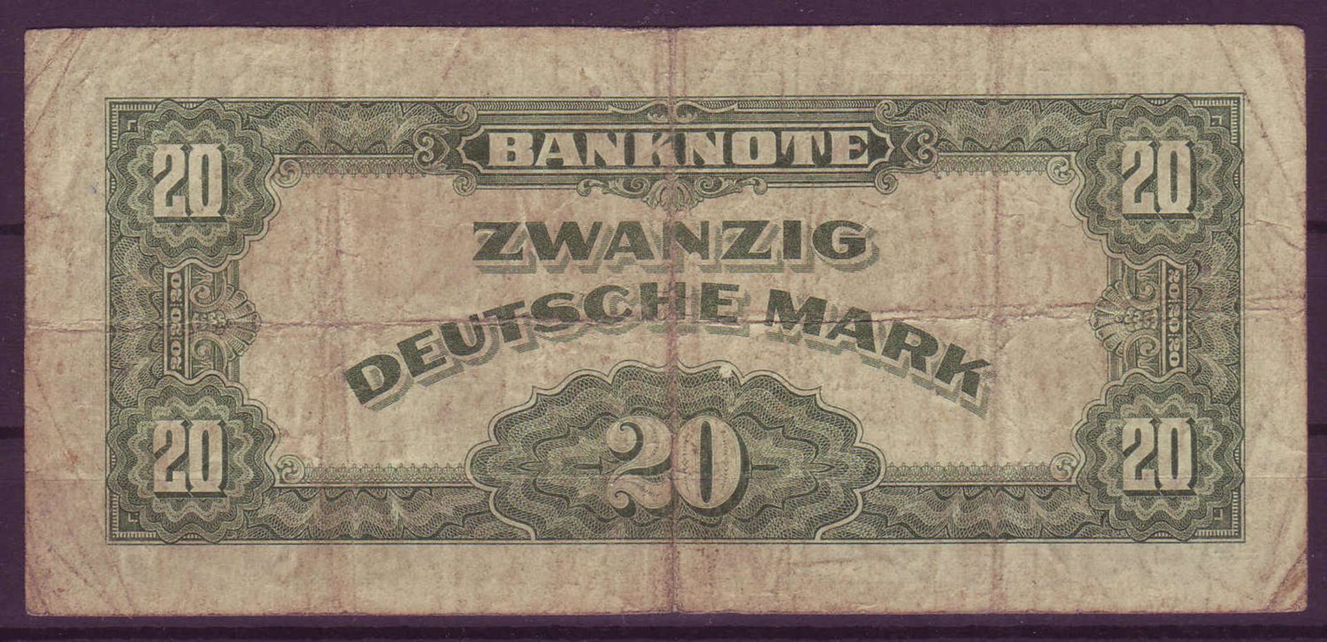 Alliierte Besetzung, Bank deutscher Länder 1948/49, 20 deutsche Mark. Rosenberg 240. Zustand: III. - Bild 2 aus 2