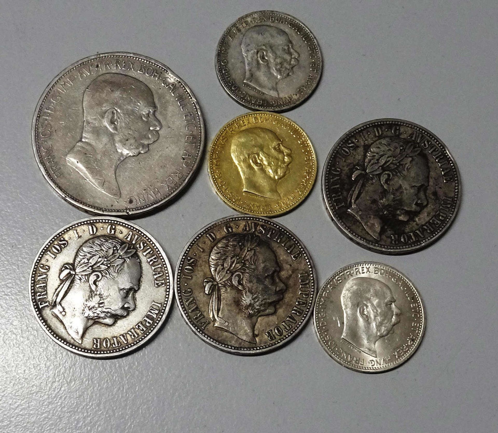 Österreich - Ungarn. Silber Münzlot, insgesamt 7 Münzen. 1x vergoldet. Bitte besichtigenAustria -