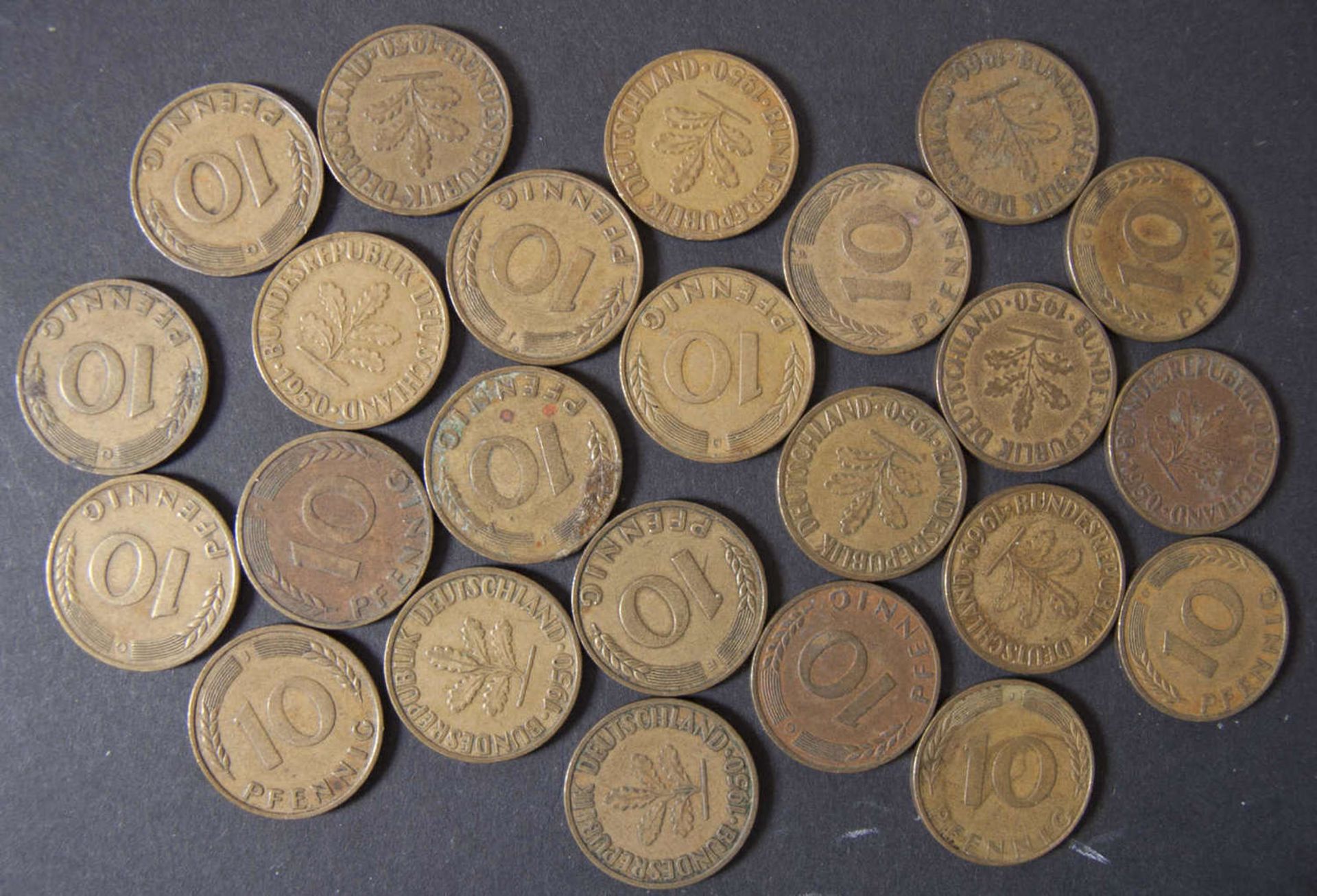 BRD 1949/69, Lot 10 Pfennig - Münzen: 1949 E+F, Bank deutscher Länder, 1950 D, F, G, J, 1966 G+J,