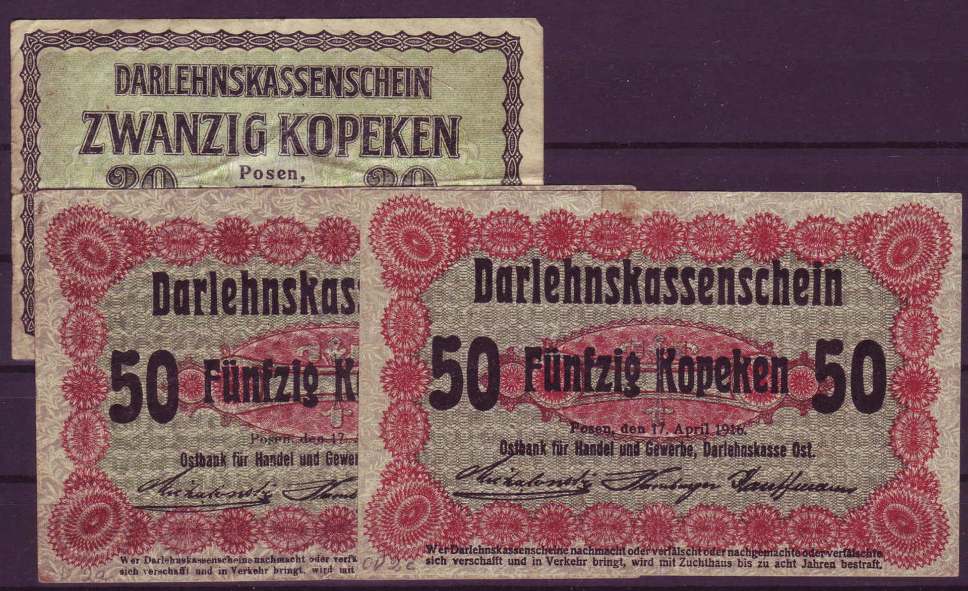 Deutsches Kaiserreich, 1. WK, Russland 1916-18. Drei Dahrlehnskassenscheine: 1 x 20 Kopeken,