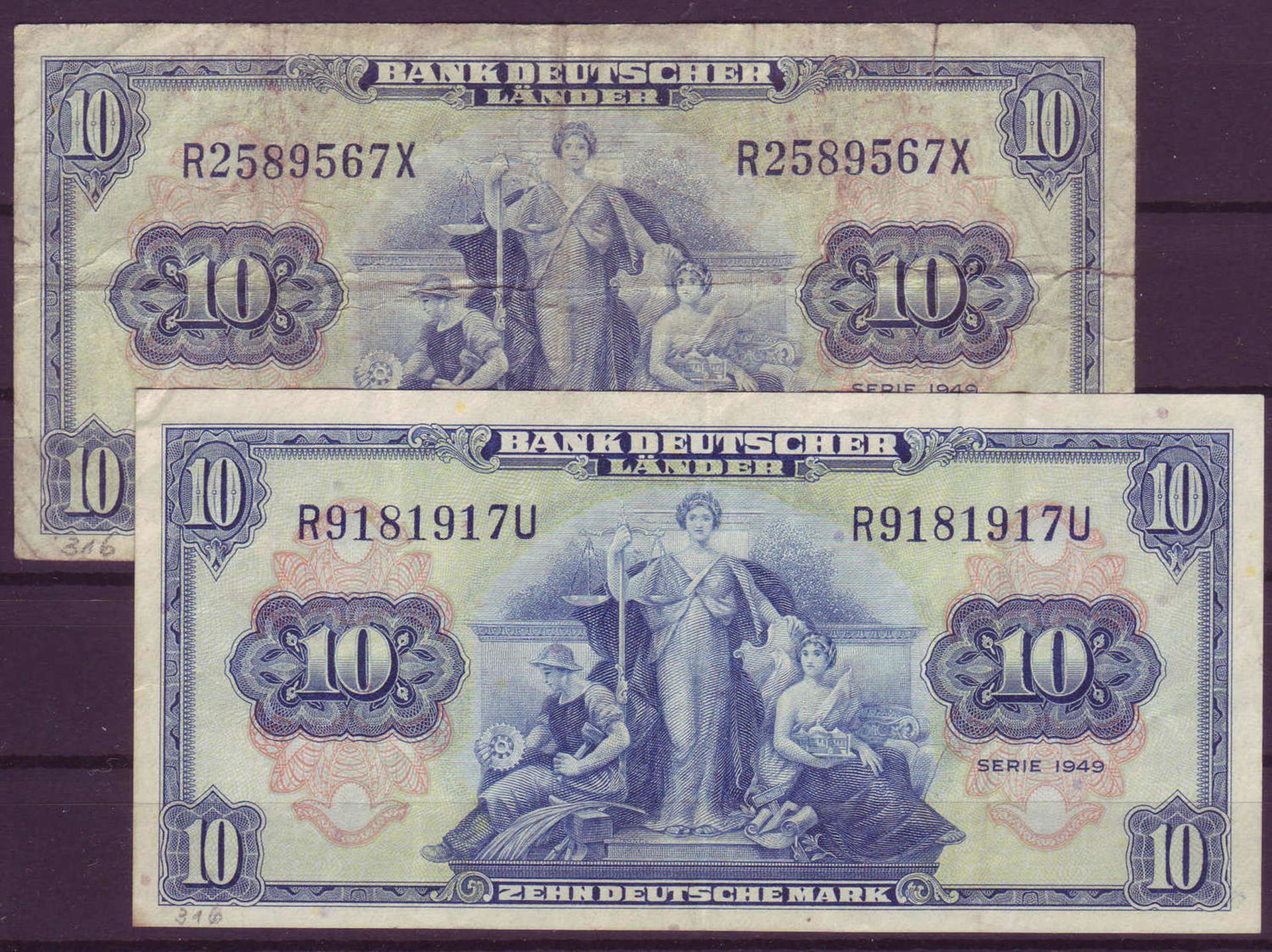 BRD, Bank deutscher Länder 1950 - 52, 2 x 10 deutsche Mark. Rosenberg 258. Zustand: II und V.FRG,