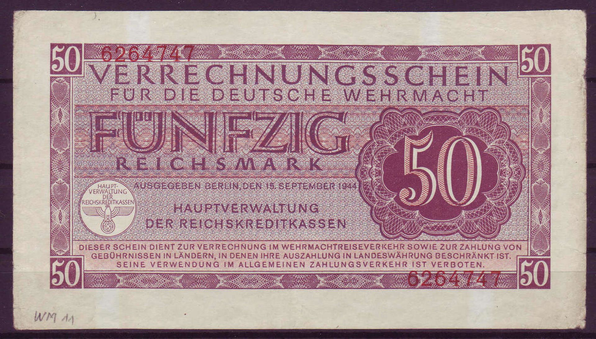 Drittes Reich Deutsche Wehrmacht, Verrechnungsschein 50 Reichsmark. Rosenberg 514. Zustand II-III.