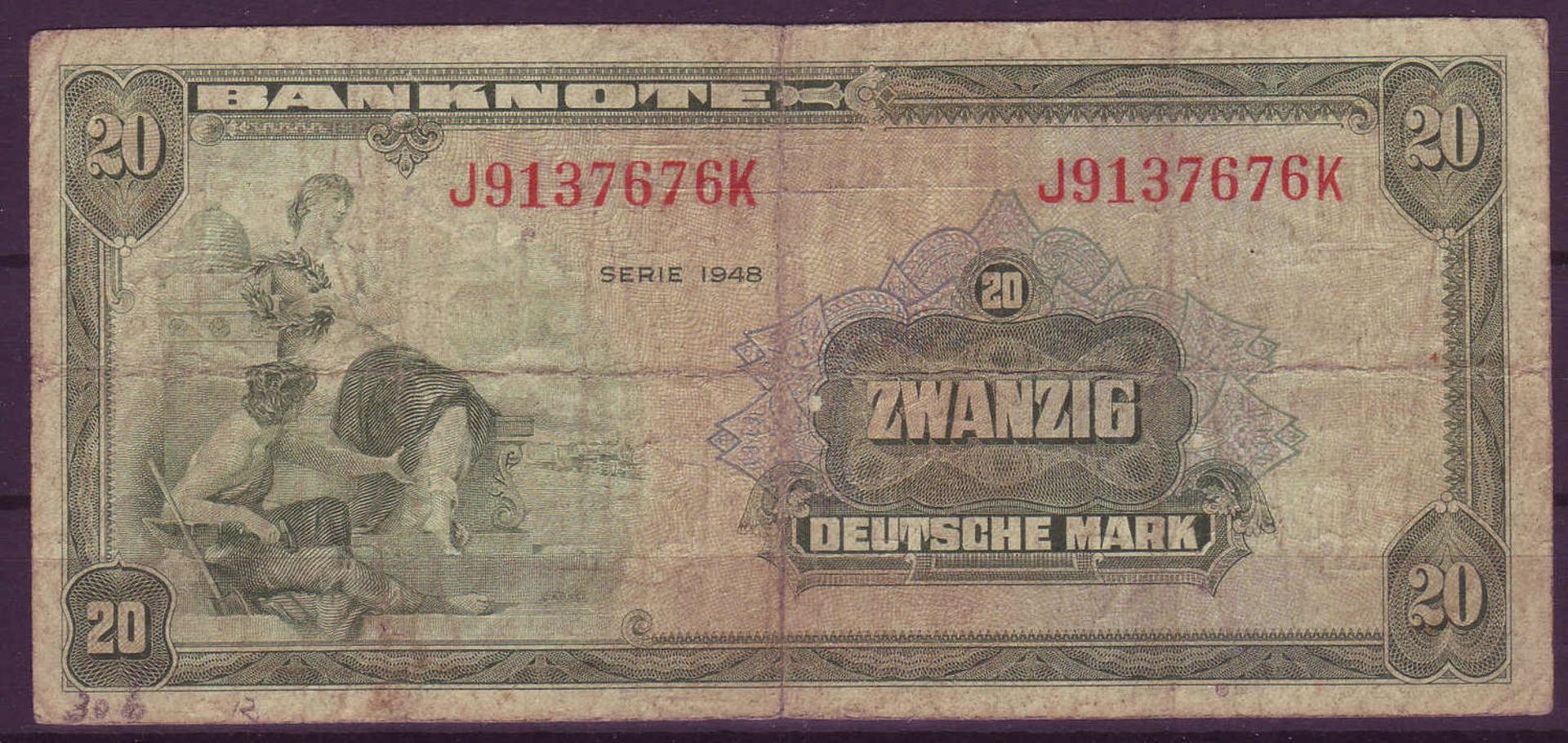 Alliierte Besetzung, Bank deutscher Länder 1948/49, 20 deutsche Mark. Rosenberg 240. Zustand: III.