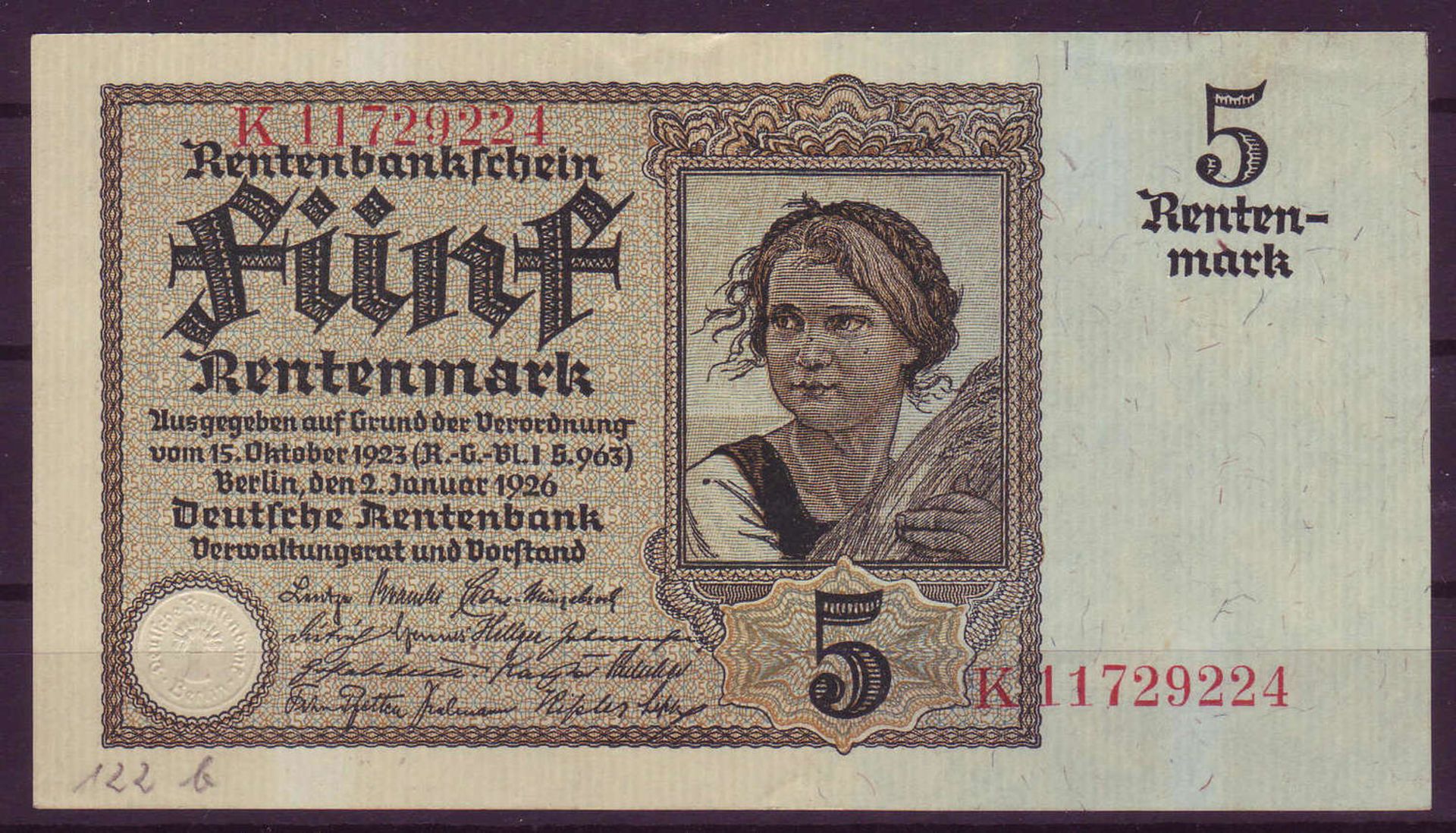 Weimarer Republik 1926, 5.- Rentenmark, Rosenberg 1645 b. Zustand I-II.Weimar Republic 1926, 5.-