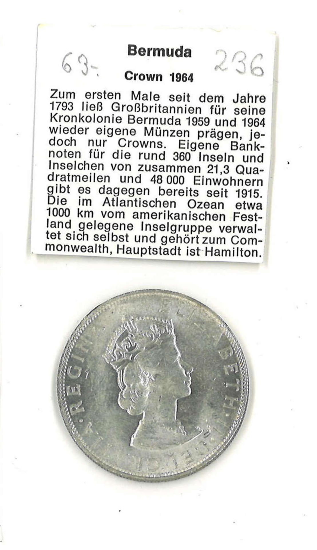 Silbermünze Bermuda 1964. 1 Crown "Königin Elizabeth II"Silver coin Bermuda 1964. 1 Crown "Queen - Image 2 of 2