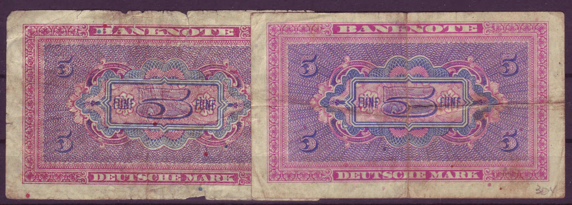 Alliierte Besetzung 1948, Bank deutscher Länder, 2 x 5 deutsche Mark. Rosenberg 236. Zustand: - Bild 2 aus 2