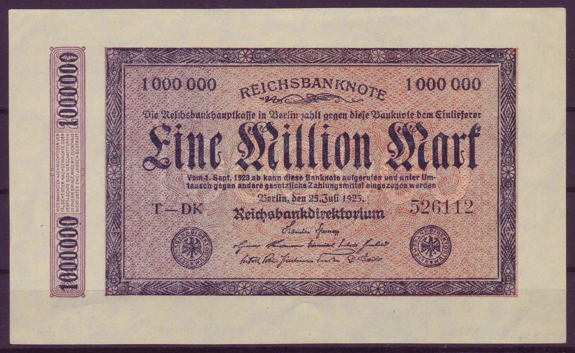 Weimarer Republik, Deutsche Reichsbank 1918 - 23. Eine Millionen Mark. Rosenberg 93. Zustand I.