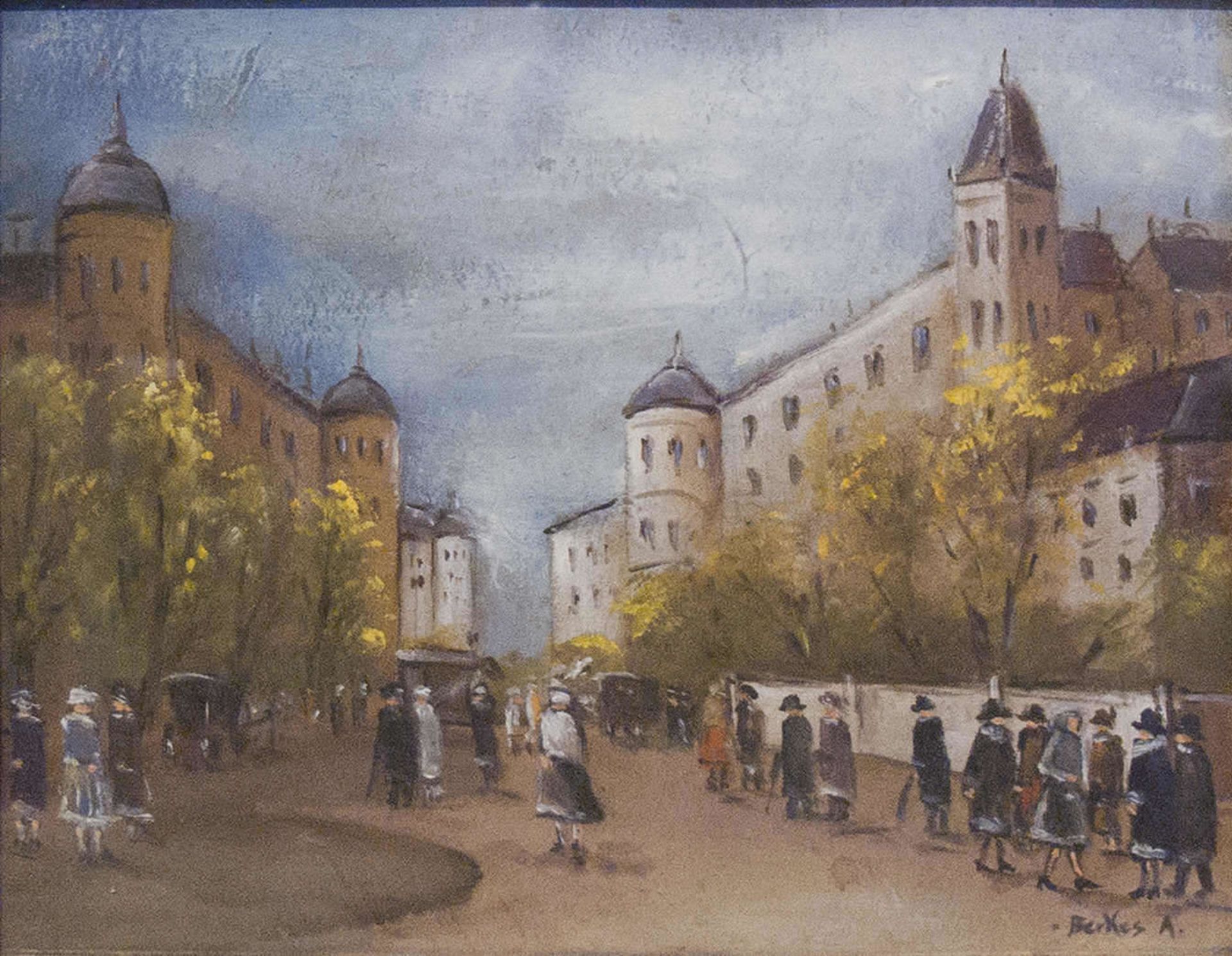 Aus Pfälzer Privatsammlung!Berkes Antal 1874-1938. "Belebte Stadtszene in Prag". Aquarell/Pastell - Image 2 of 4