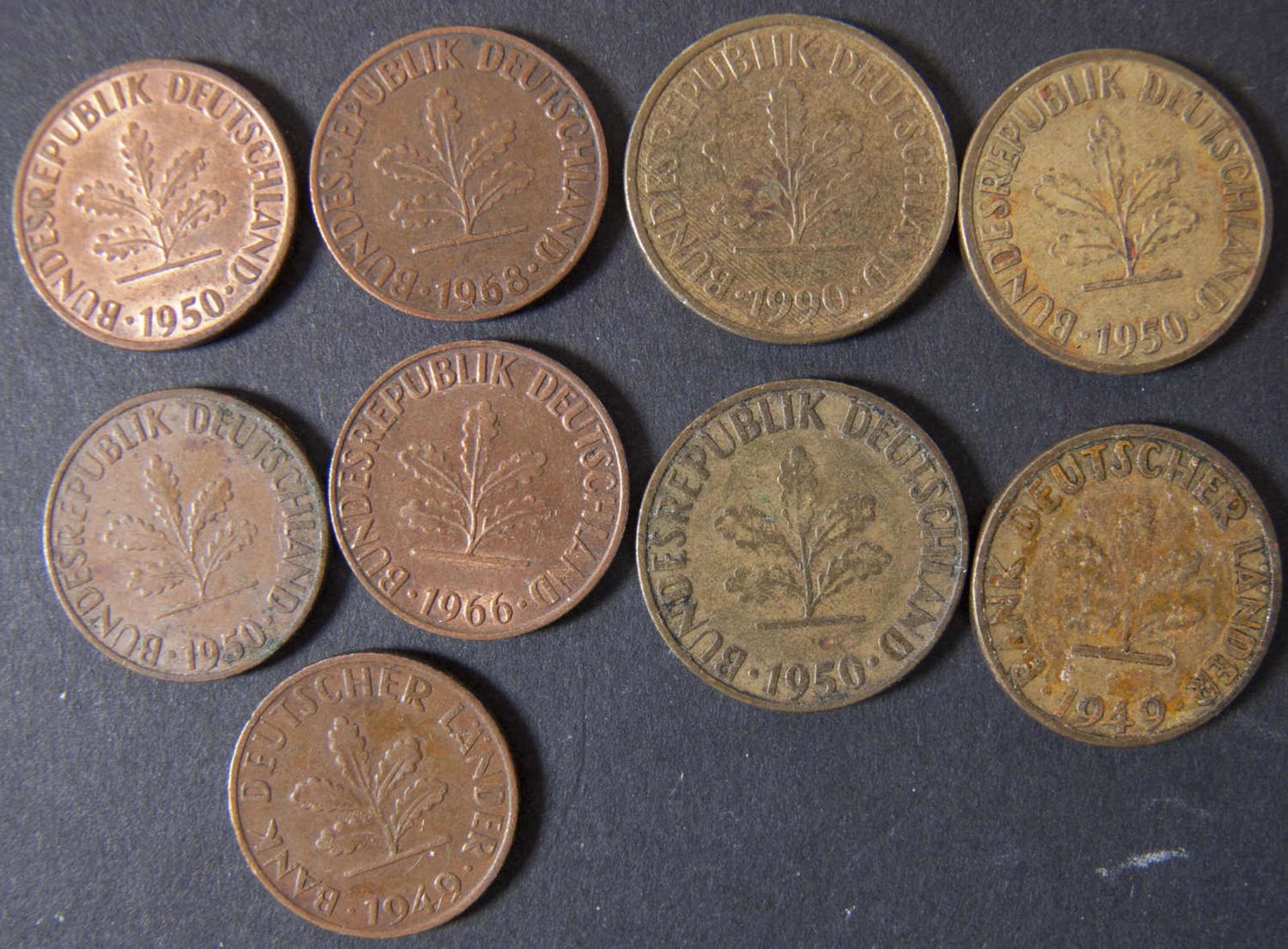 BRD 1949/68, Lot 1 und 5 Pfennig - Münzen, dabei: 5 Pfennig 1949 F, 1950 D, G, J, 1 Pfennig: 1949