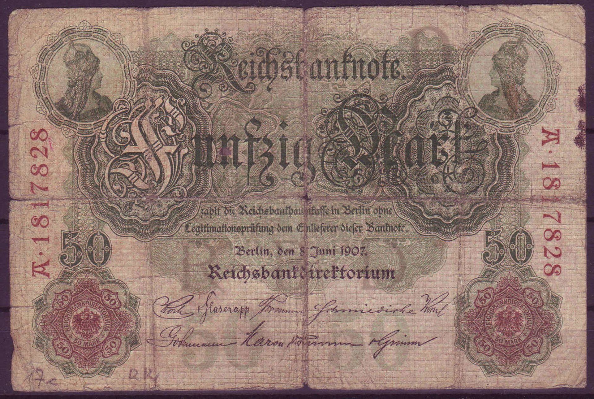 Deutsches Kaiserreich,Deutsche Reichsbank 1907, fünfzig Mark. Rosenberg 29. Zustand III.German