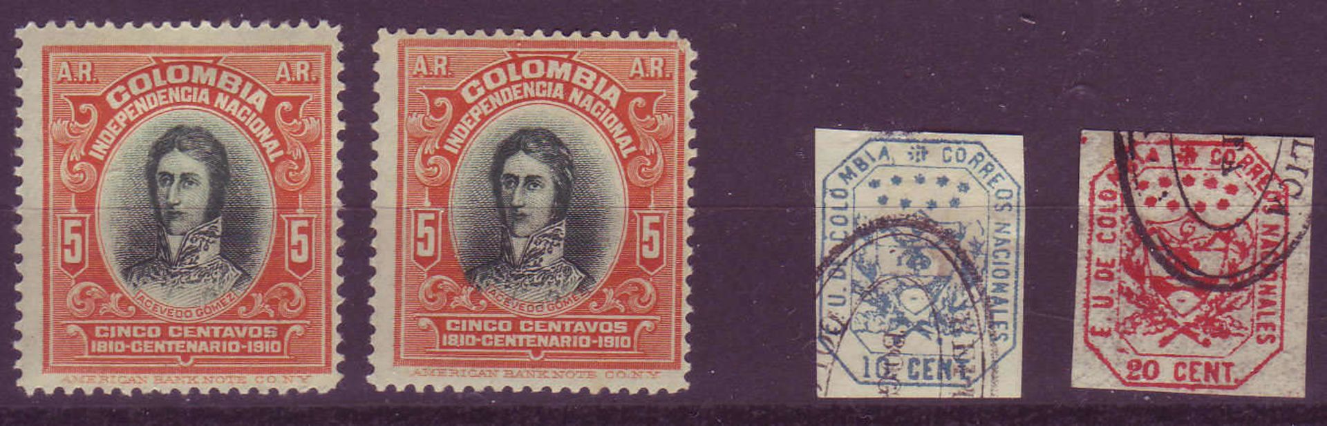 Kolumbien 1863 / 1910, Mi. - Nr. 19, 20 und 2 x 236. Wappen - Freimarken und Rückschein - Marke. *