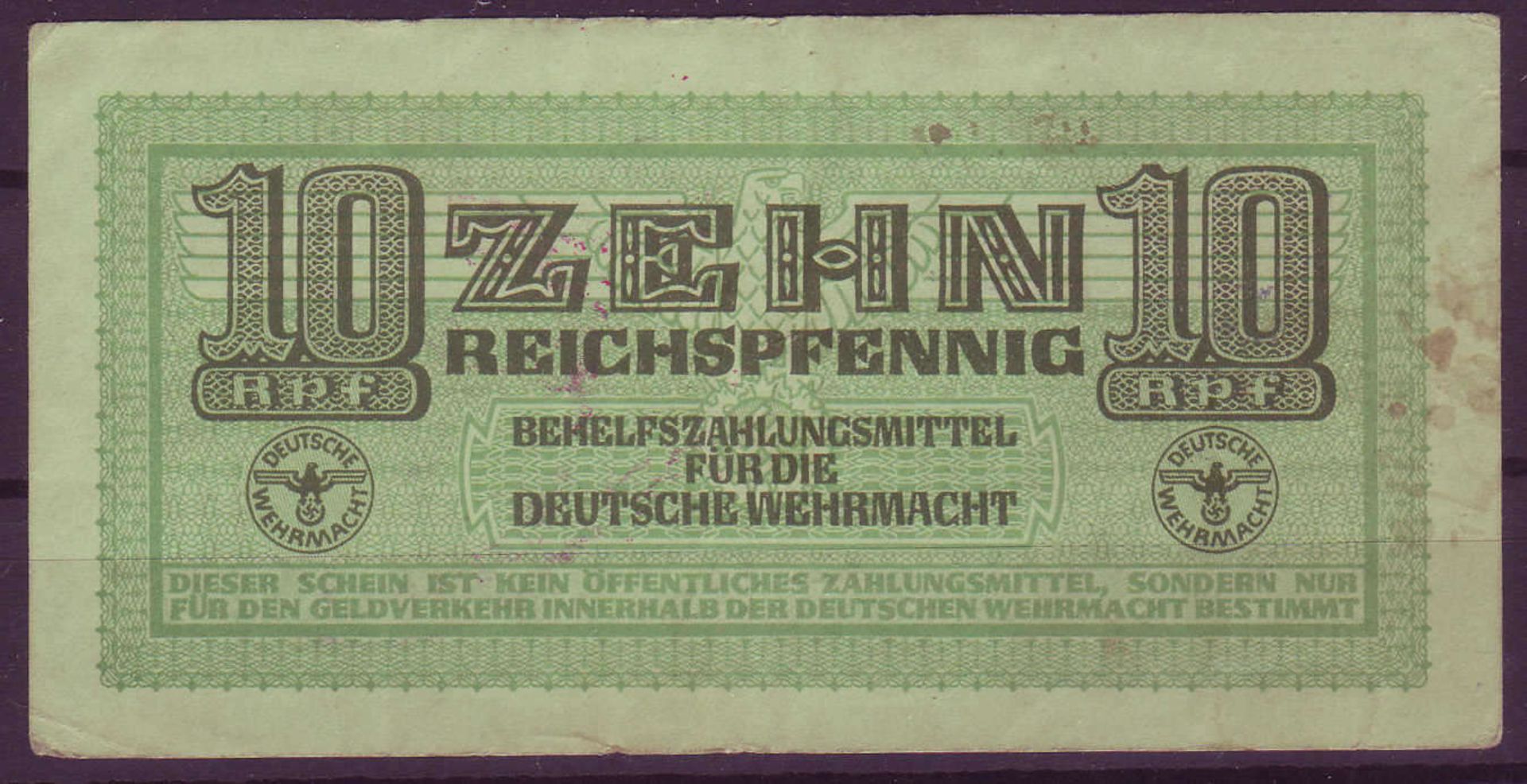 Drittes Reich, Besetzung Griechenland, 10 Reichspfennig, Abstempelung auf der Rückseite. Rosenberg