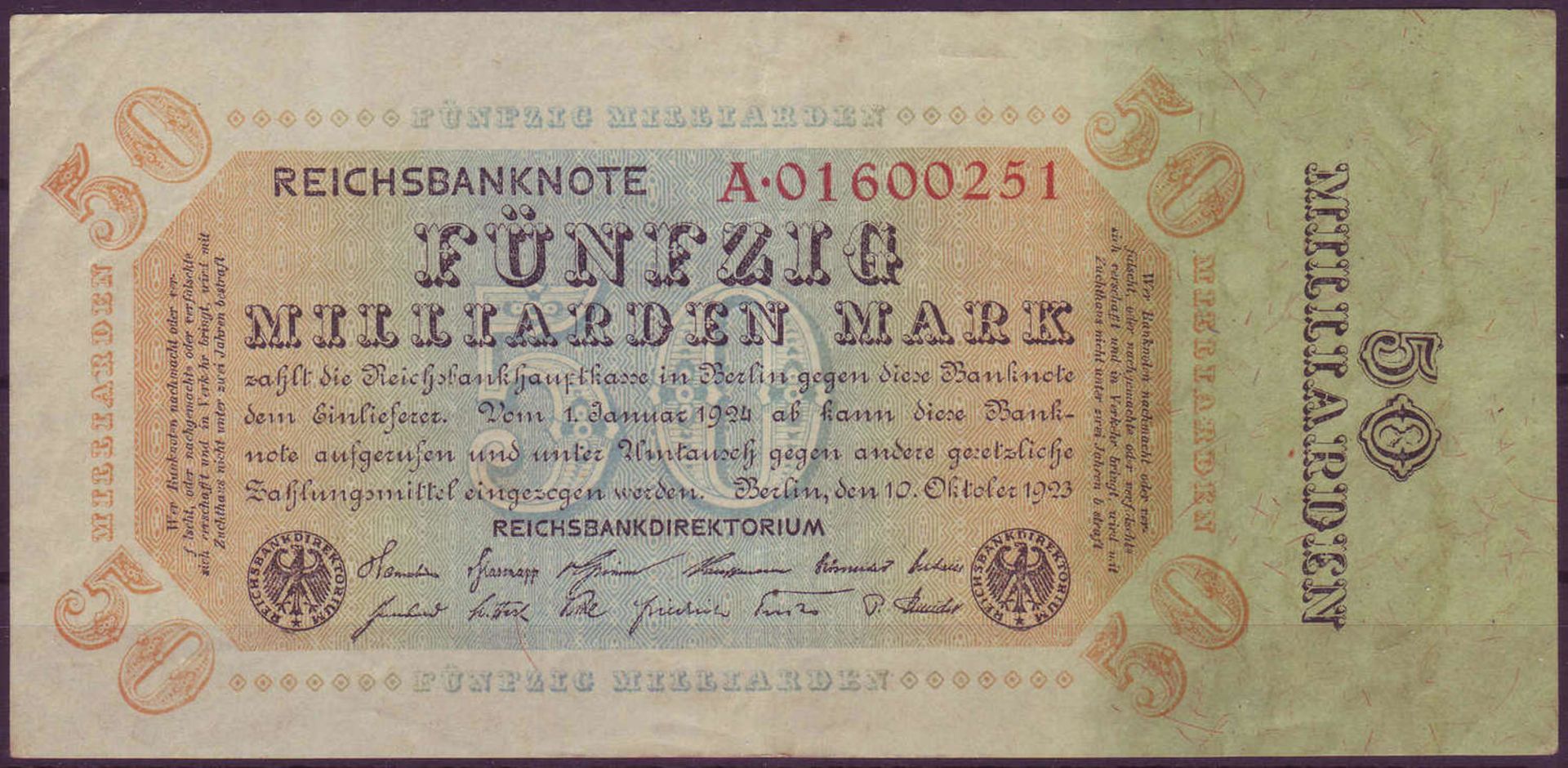 Weimarer Republik, Deutsche Reichsbank 1918 - 23. Fünfzig Milliarden Mark. Rosenberg 117e. Zustand I