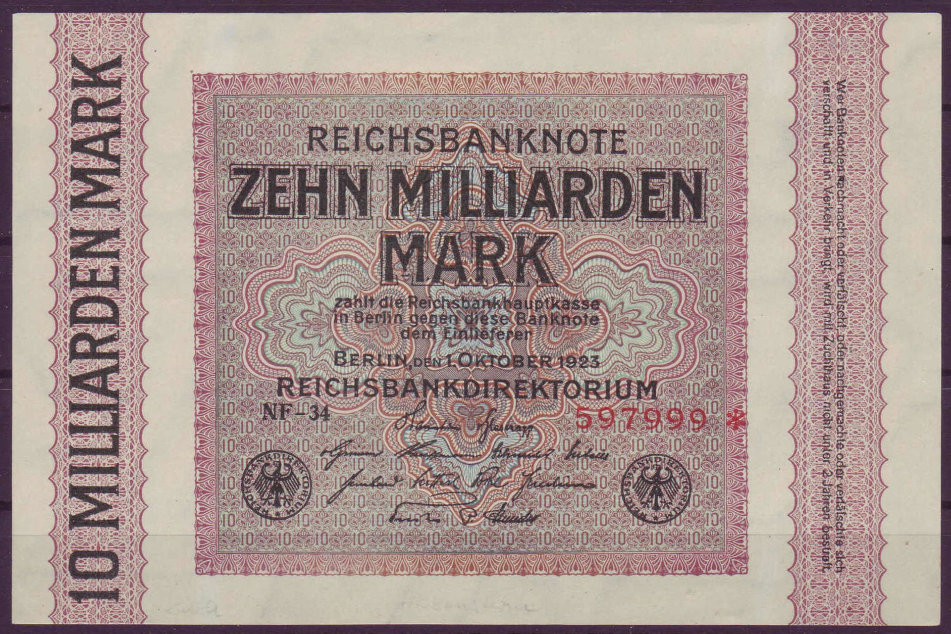 Weimarer Republik, Deutsche Reichsbank 1918 - 23. Zehn Milliarden Mark. Rosenberg 114f. Zustand I.