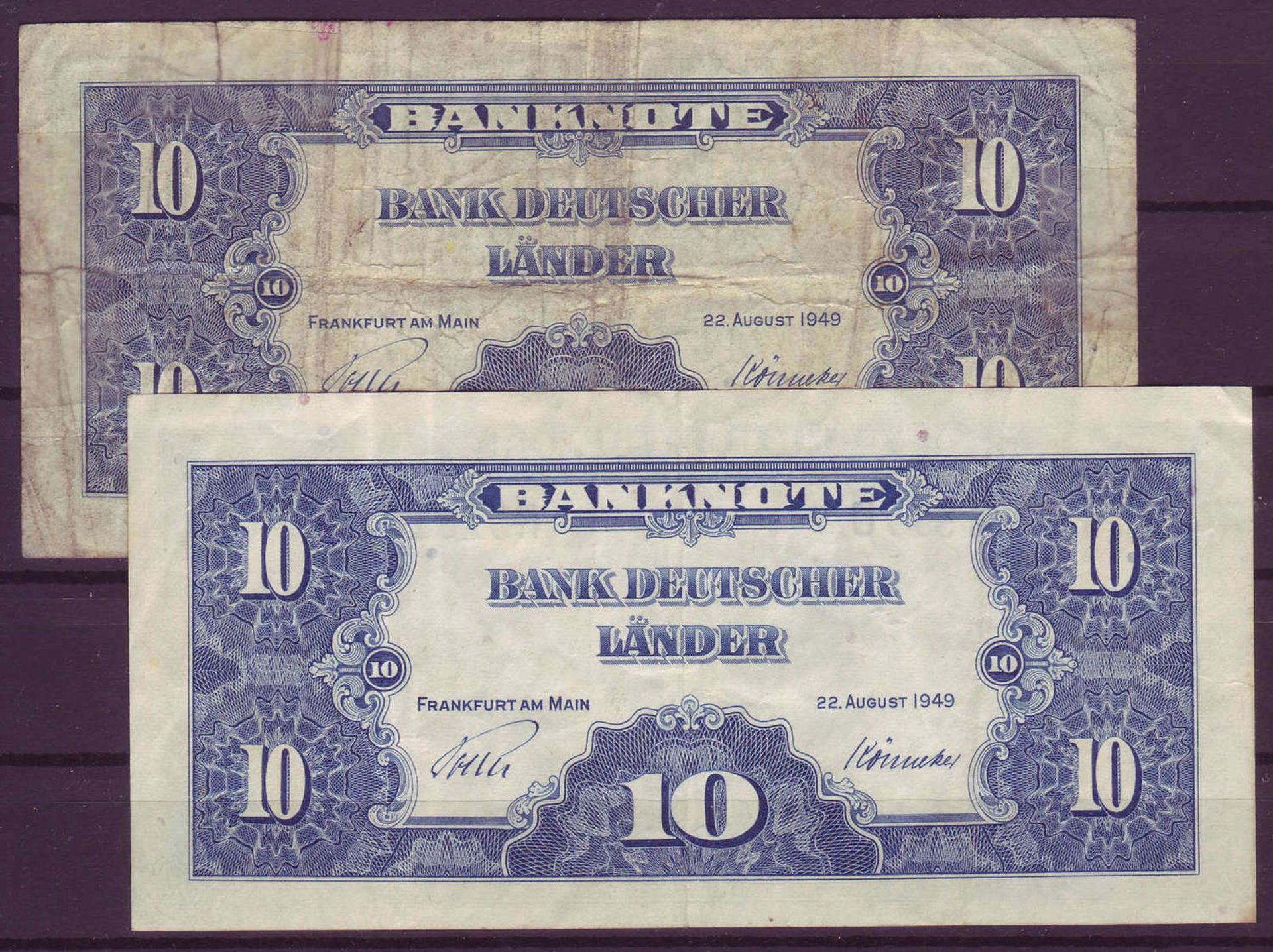 BRD, Bank deutscher Länder 1950 - 52, 2 x 10 deutsche Mark. Rosenberg 258. Zustand: II und V.FRG, - Bild 2 aus 2