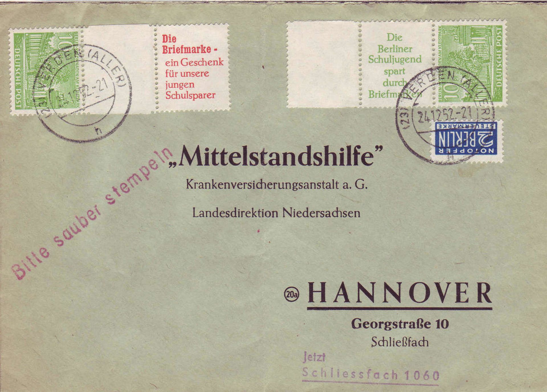 Berlin 1952, Mi. - Nr. W 23 auf Brief. Aus Markenheftchen.Berlin 1952, Michel - No. W 23 on cover.