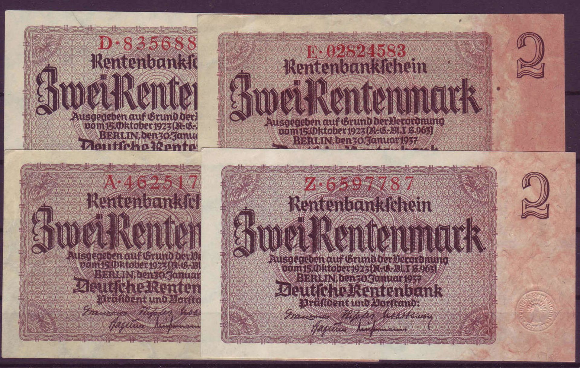 Drittes Reich, Deutsche Rentenbank 1934 - 37. Kleines Lot con 2.- Rentenmark - Scheinen (4 Stück).