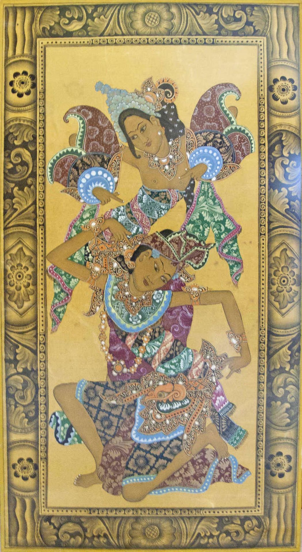 1 indische Seidenmalerei "2 Tempeltänzerinnen", Höhe ca. 90 cm, Breite ca. 48 cm. Hinter Glas