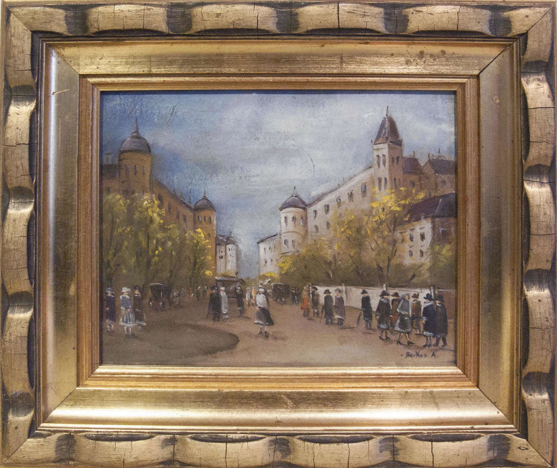 Aus Pfälzer Privatsammlung!Berkes Antal 1874-1938. "Belebte Stadtszene in Prag". Aquarell/Pastell