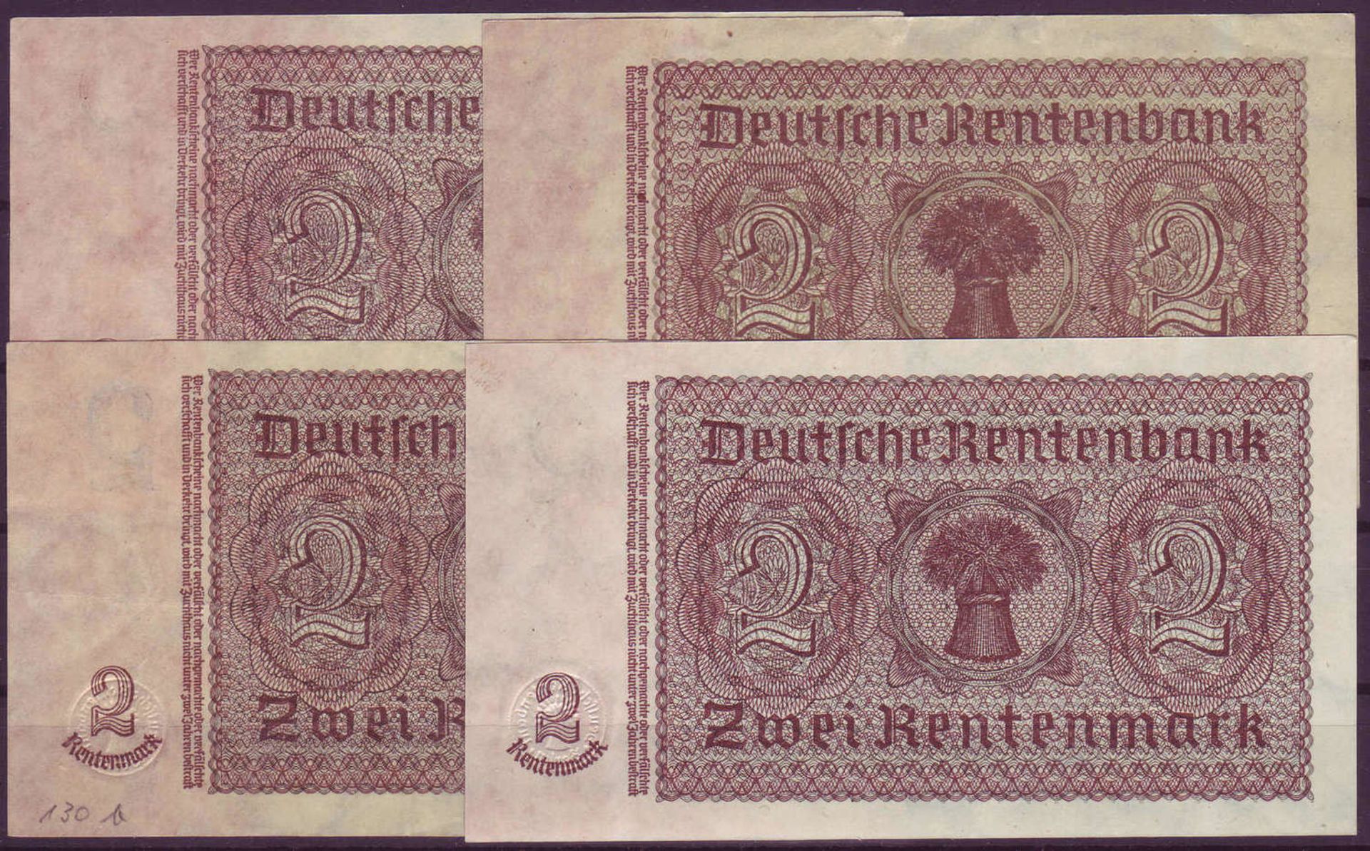 Drittes Reich, Deutsche Rentenbank 1934 - 37. Kleines Lot con 2.- Rentenmark - Scheinen (4 Stück). - Bild 2 aus 2