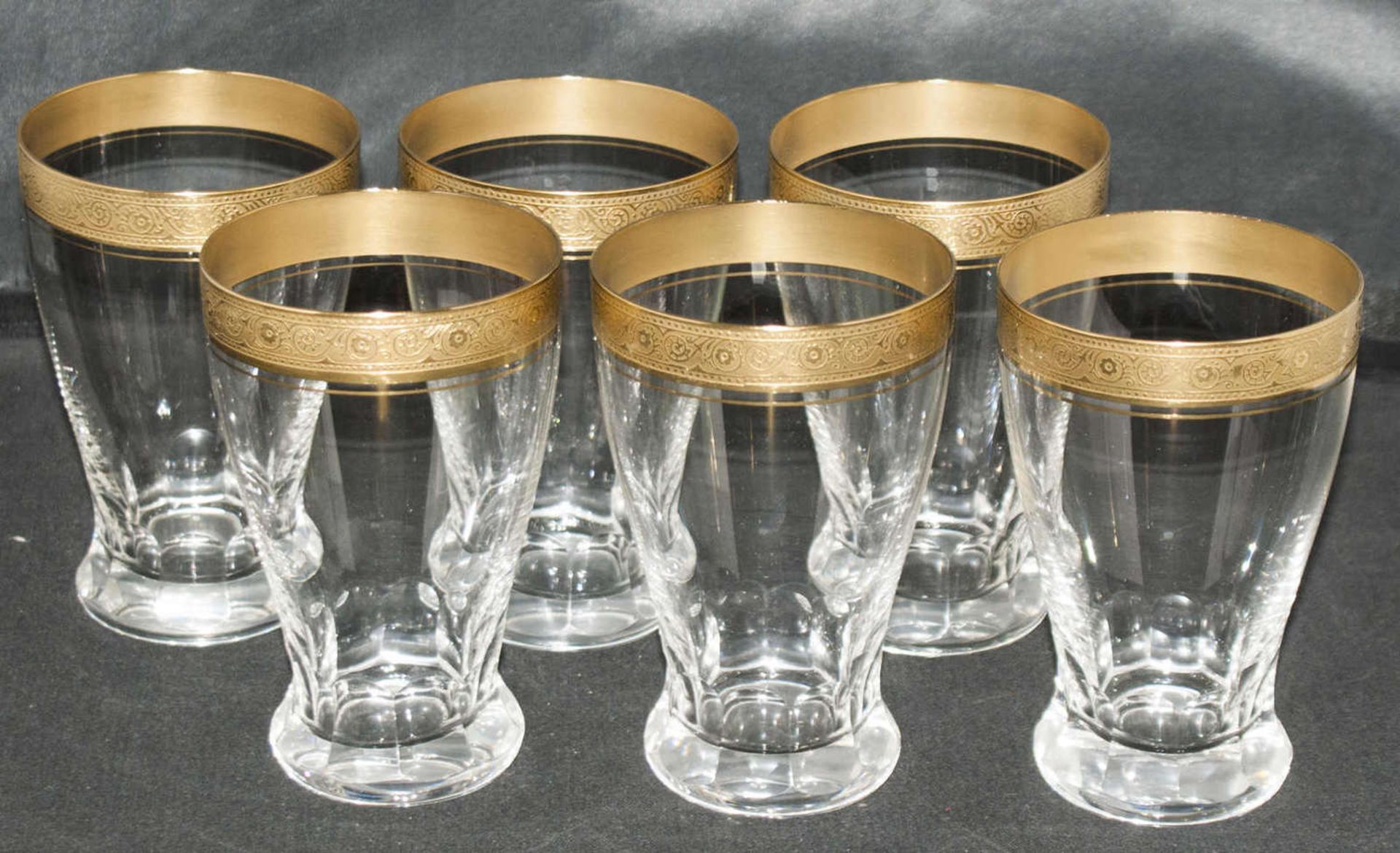 Theresienthal Conconde Mintonborde, Gläser Set mit Goldrelief. 6 Wassergläser. Sehr guter Zustand.