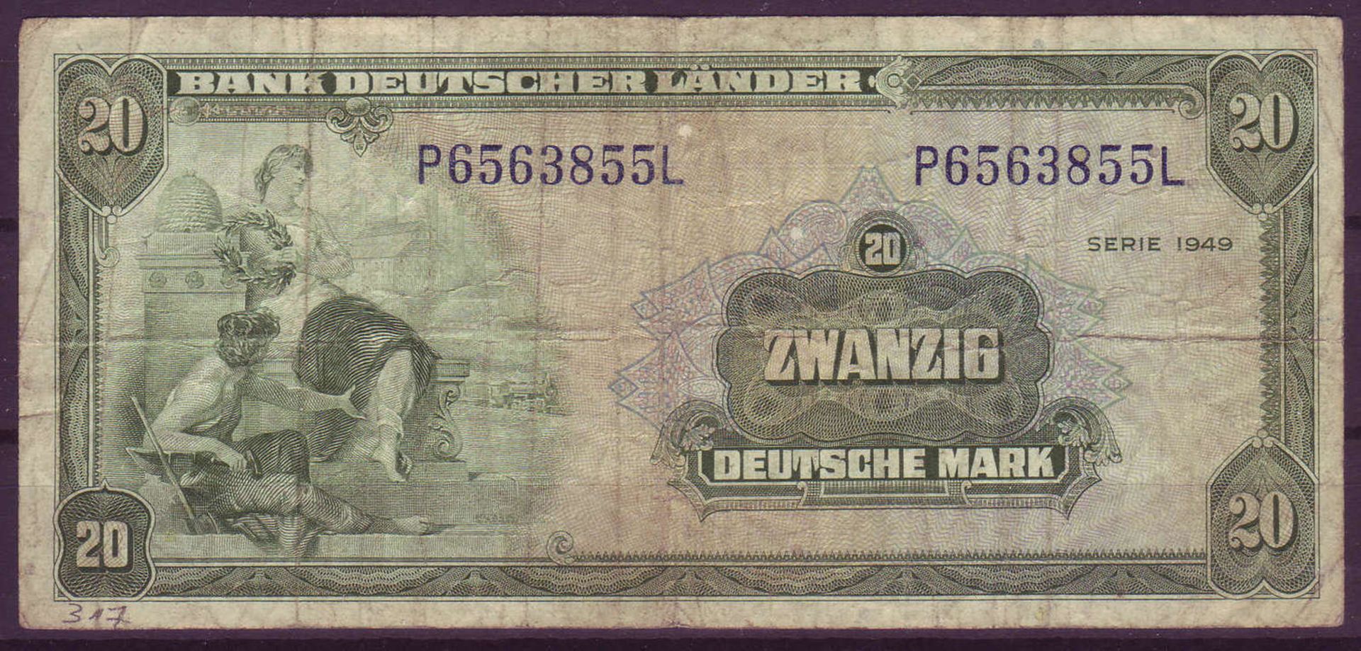 BRD, Bank deutscher Länder 1948/49, 20 deutsche Mark. Rosenberg 260. Zustand: III.FRG, Bank of